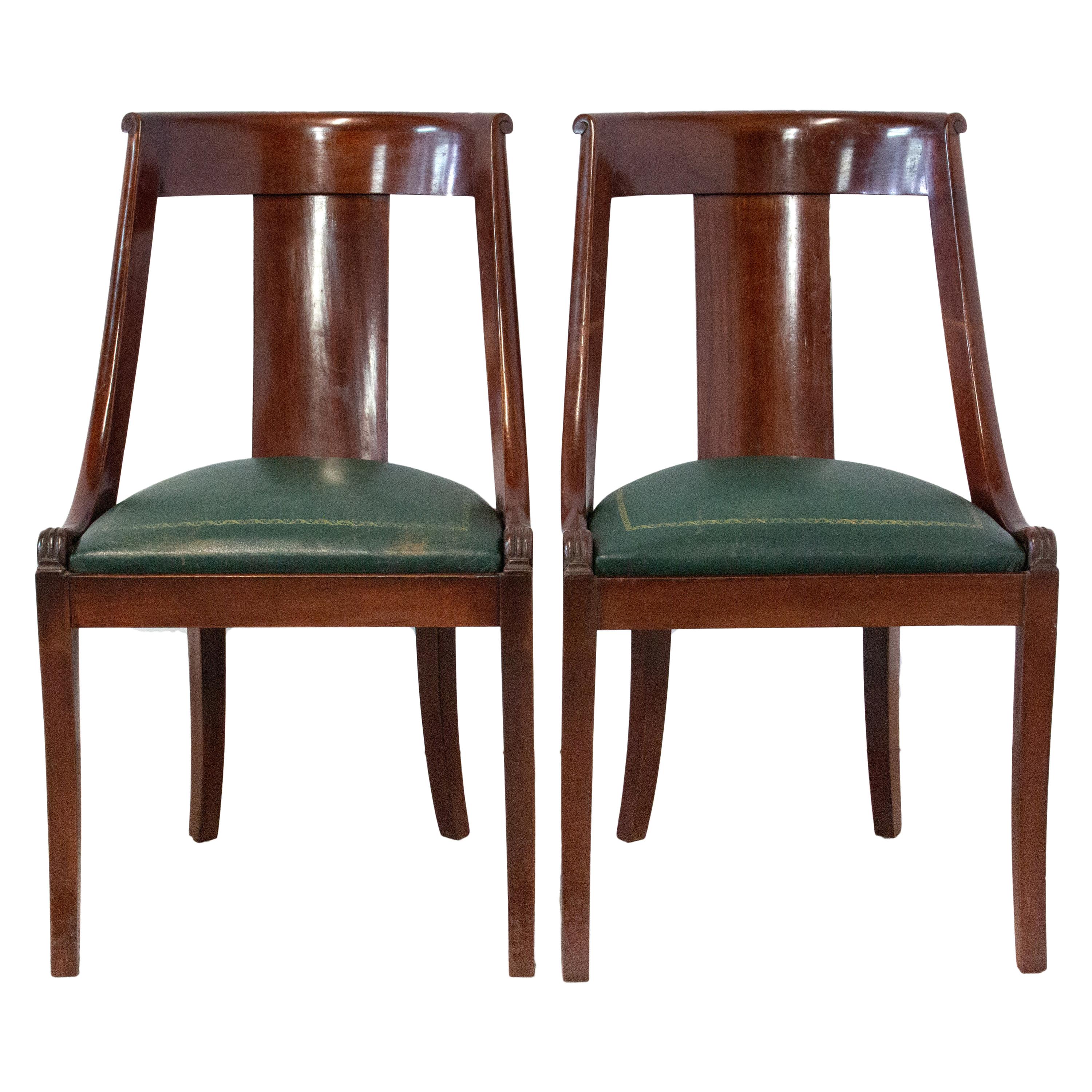 Pair of Empire Chairs French 20th Century Green Leather