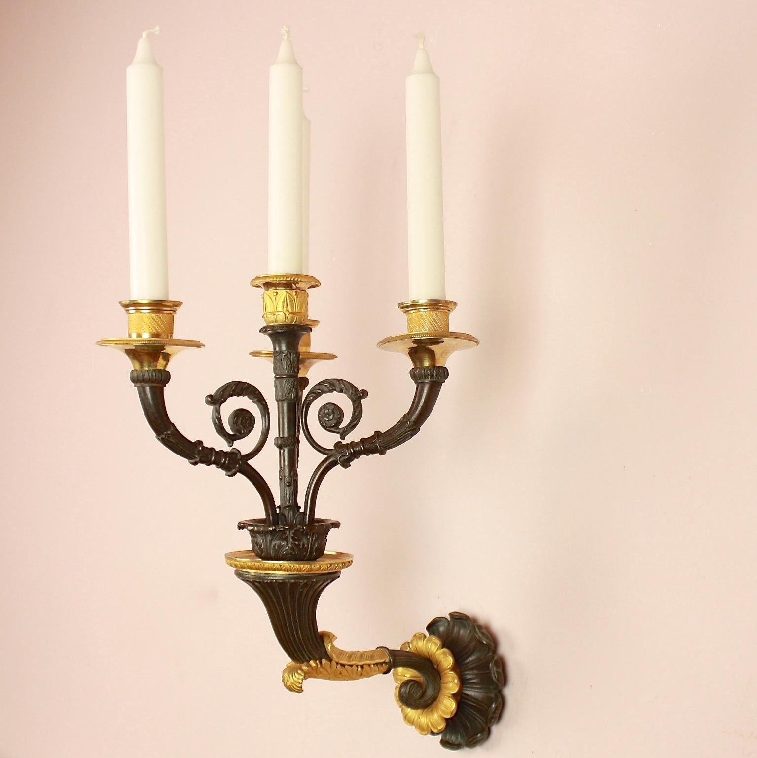 Pair of Empire/ Charles X Gilt and Patinated Bronze Four-Light Wall Appliques or Sconces

A pair of Empire/ Charles X four-branch ormolu/gilt and patinated bronze wall lights “à la corne d'abondance” of excellent quality. Each finely cast with a