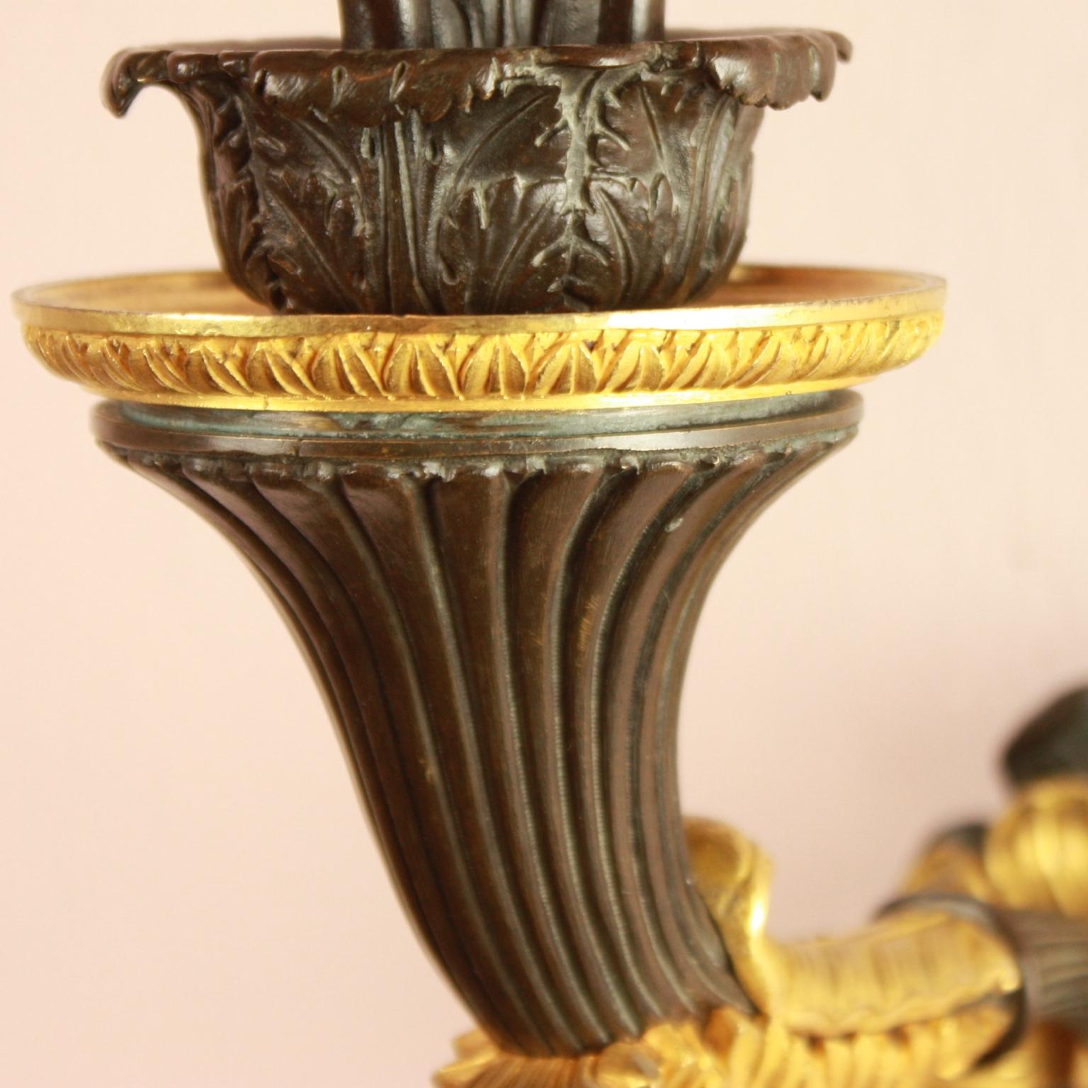 Paar Empire/ Charles X. vergoldete und patinierte Bronze-Wandapplikationen mit vier Leuchten (Goldbronze) im Angebot