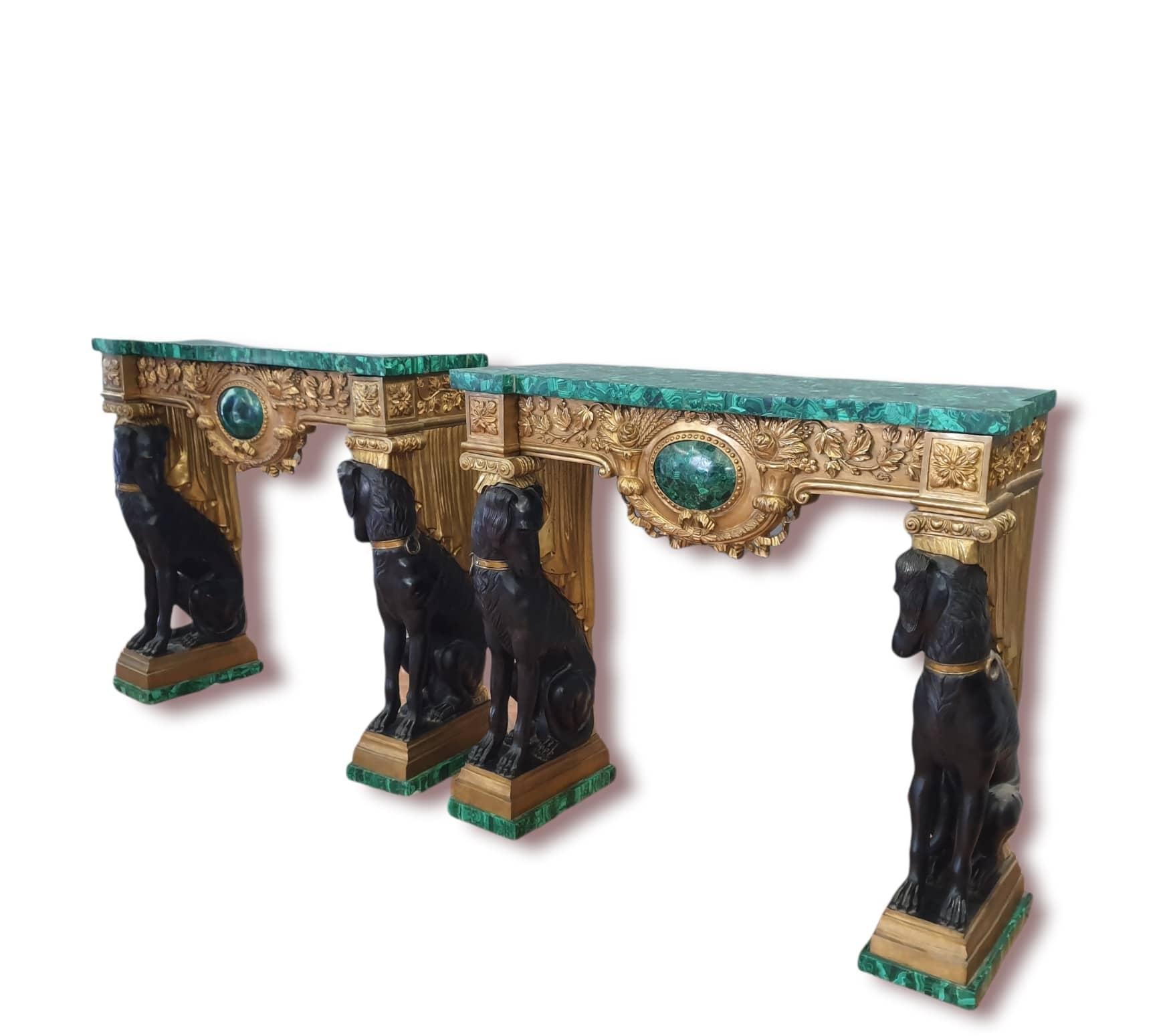 Pair of Empire Consoles, Patinated and Gilded Bronze, Flowered Malachite 4