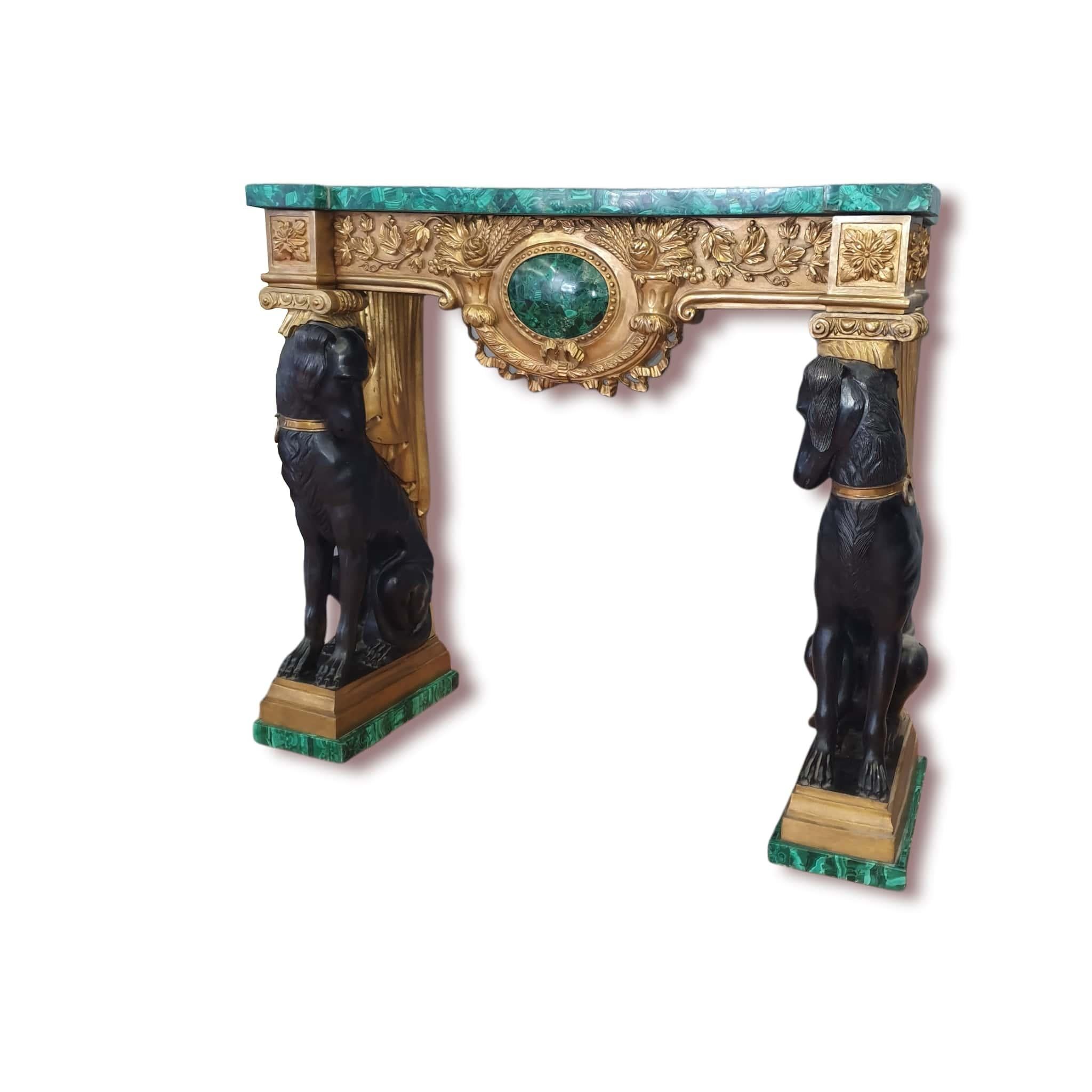 Pair of Empire Consoles, Patinated and Gilded Bronze, Flowered Malachite 5