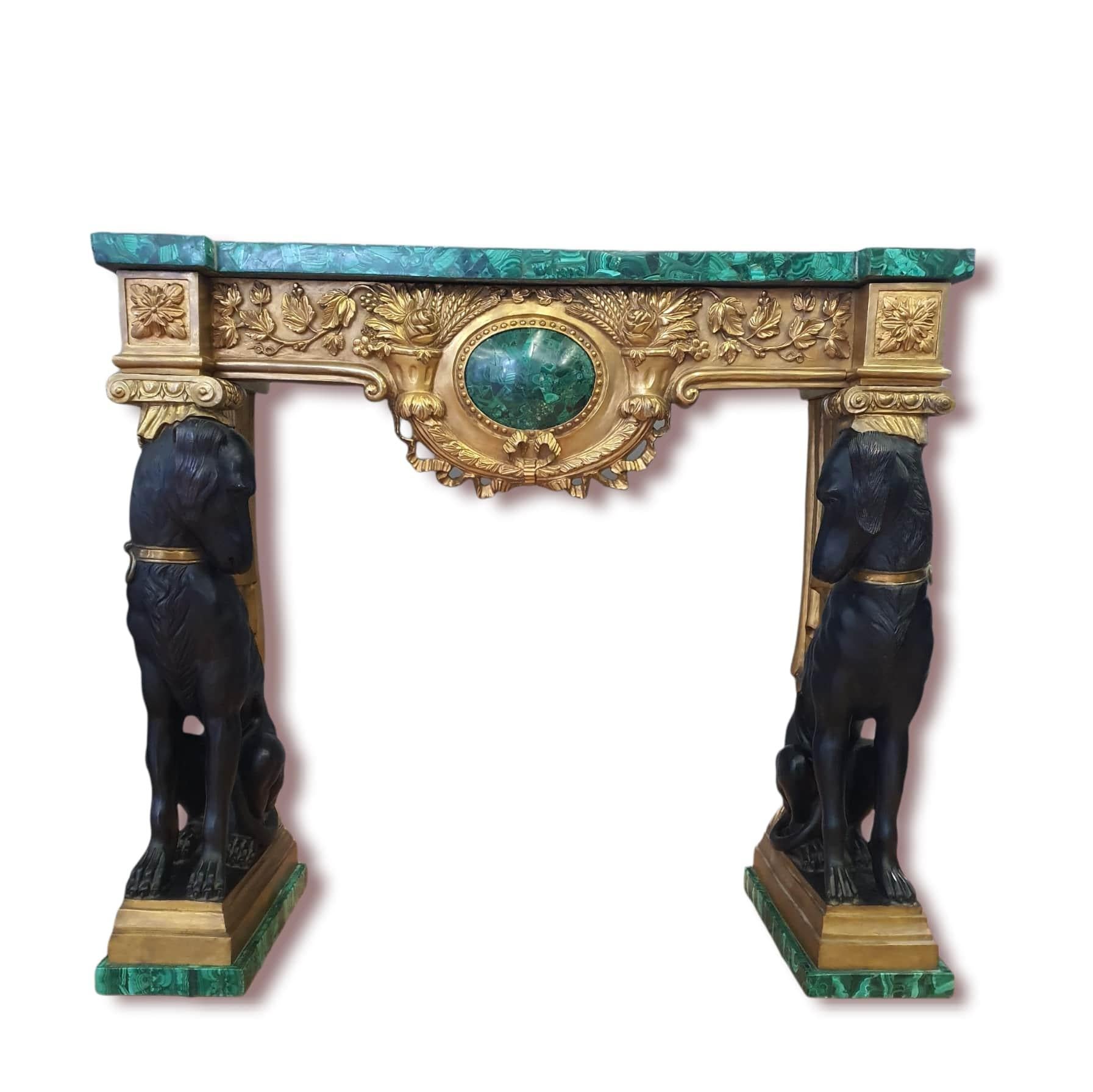 Pair of Empire Consoles, Patinated and Gilded Bronze, Flowered Malachite 6