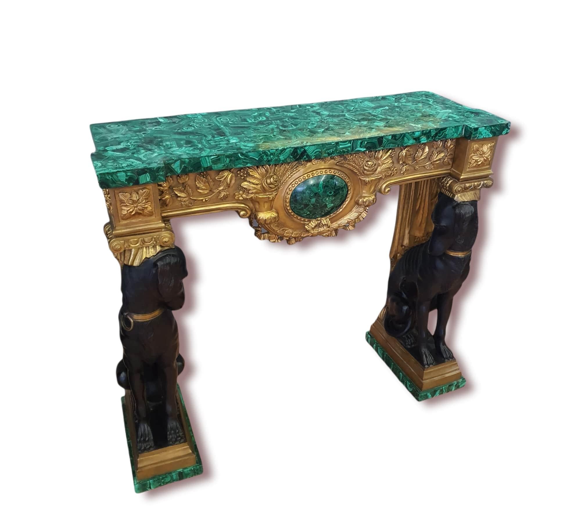 Pair of Empire Consoles, Patinated and Gilded Bronze, Flowered Malachite 7