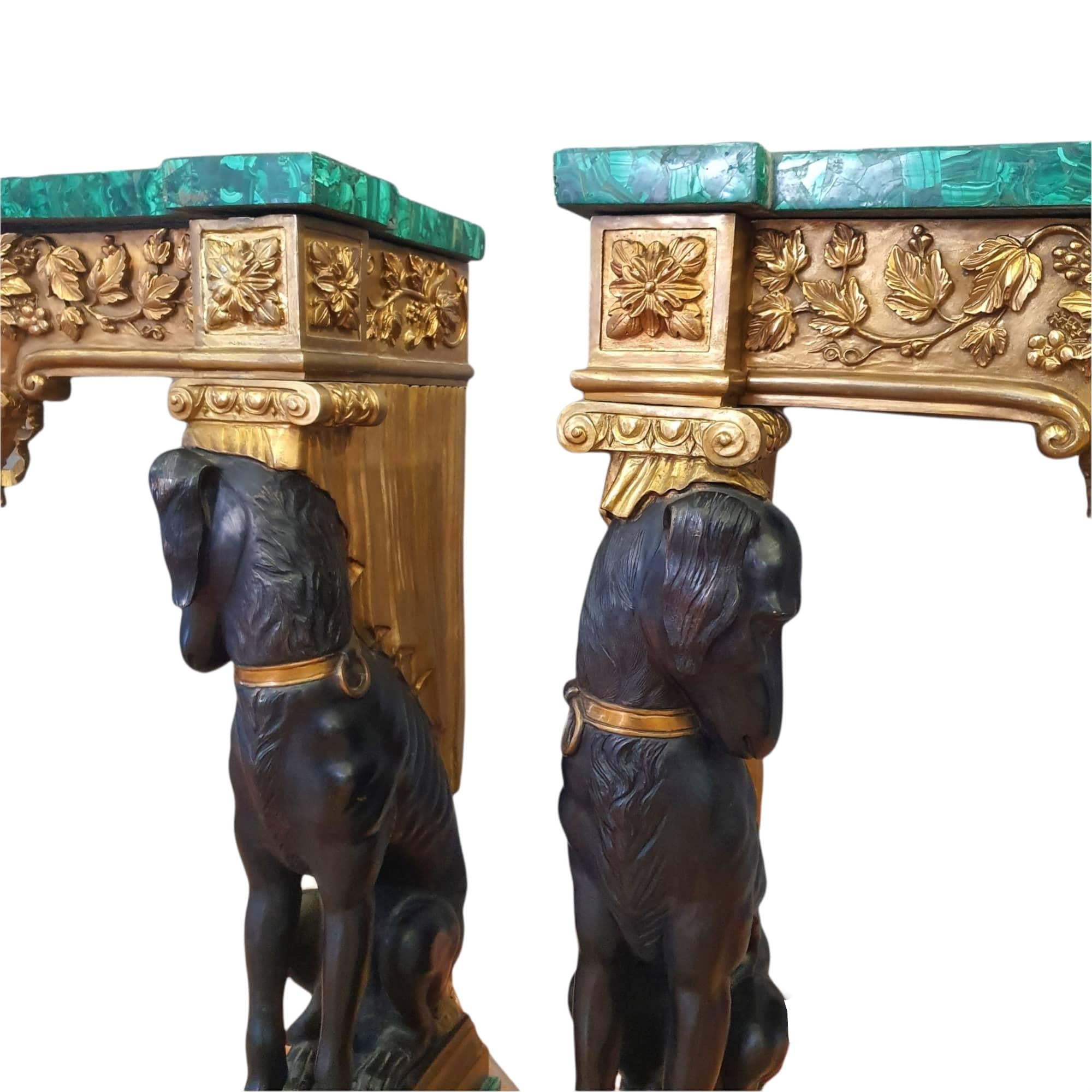 Pair of Empire Consoles, Patinated and Gilded Bronze, Flowered Malachite 9