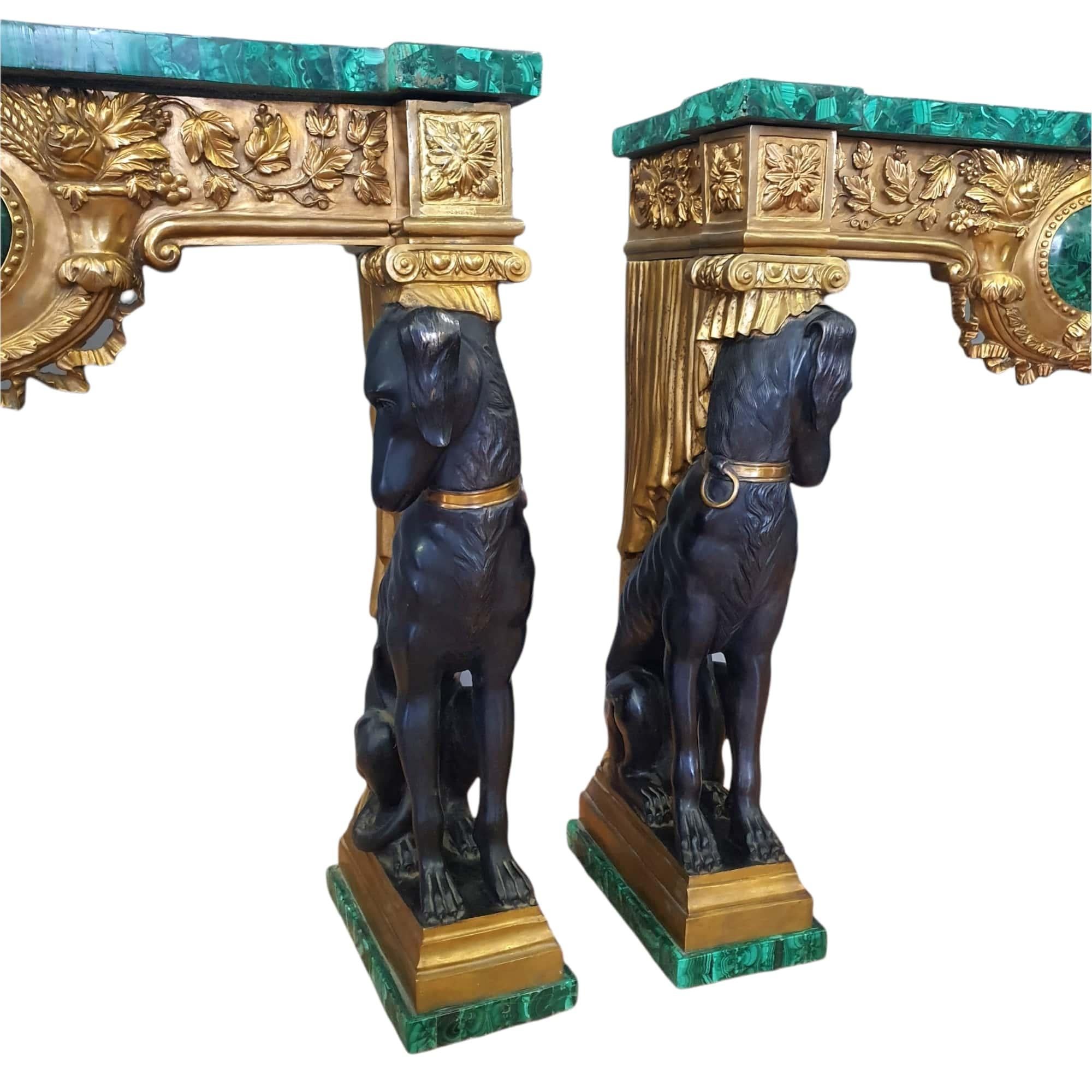 Pair of Empire Consoles, Patinated and Gilded Bronze, Flowered Malachite 10