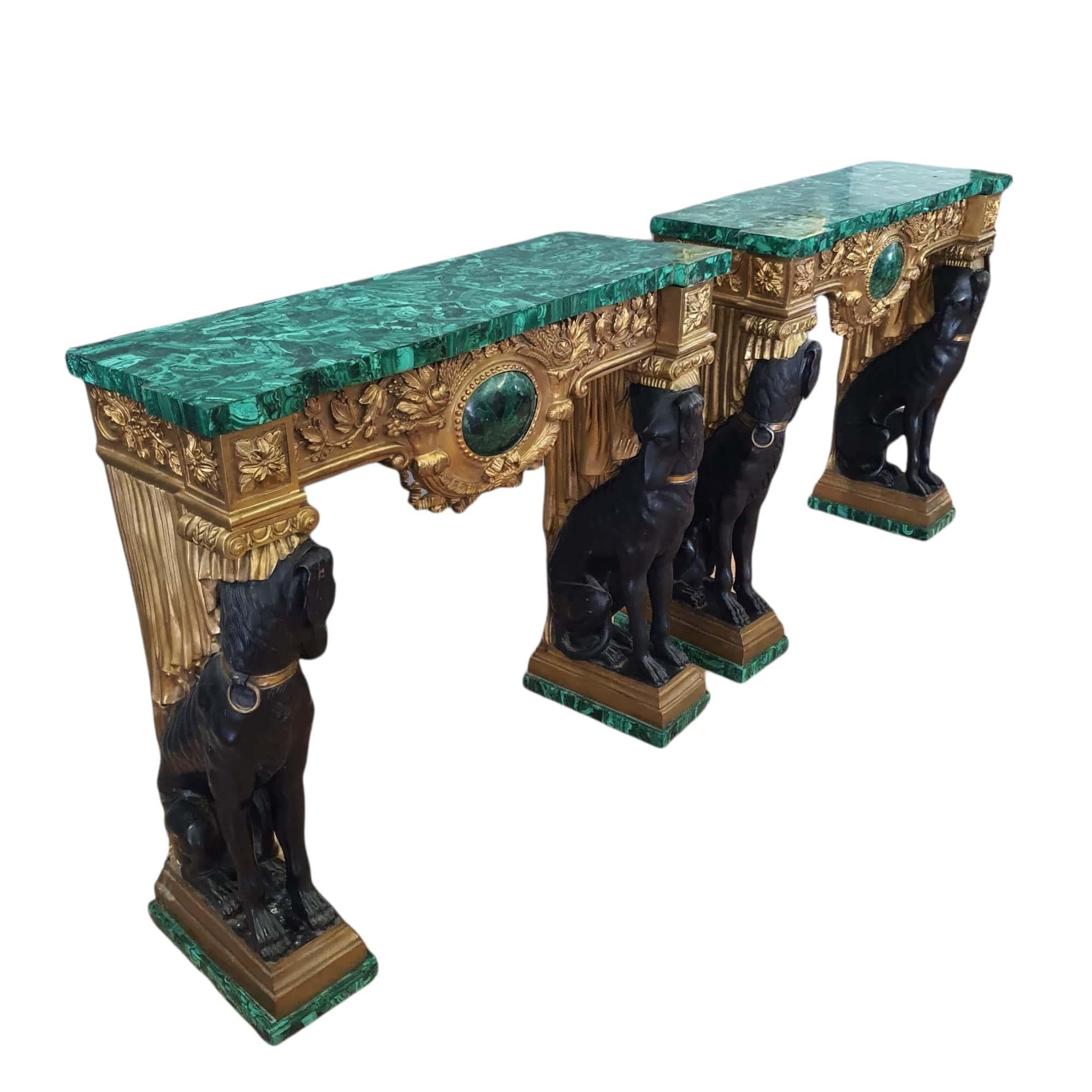 Pair of Empire Consoles, Patinated and Gilded Bronze, Flowered Malachite 11