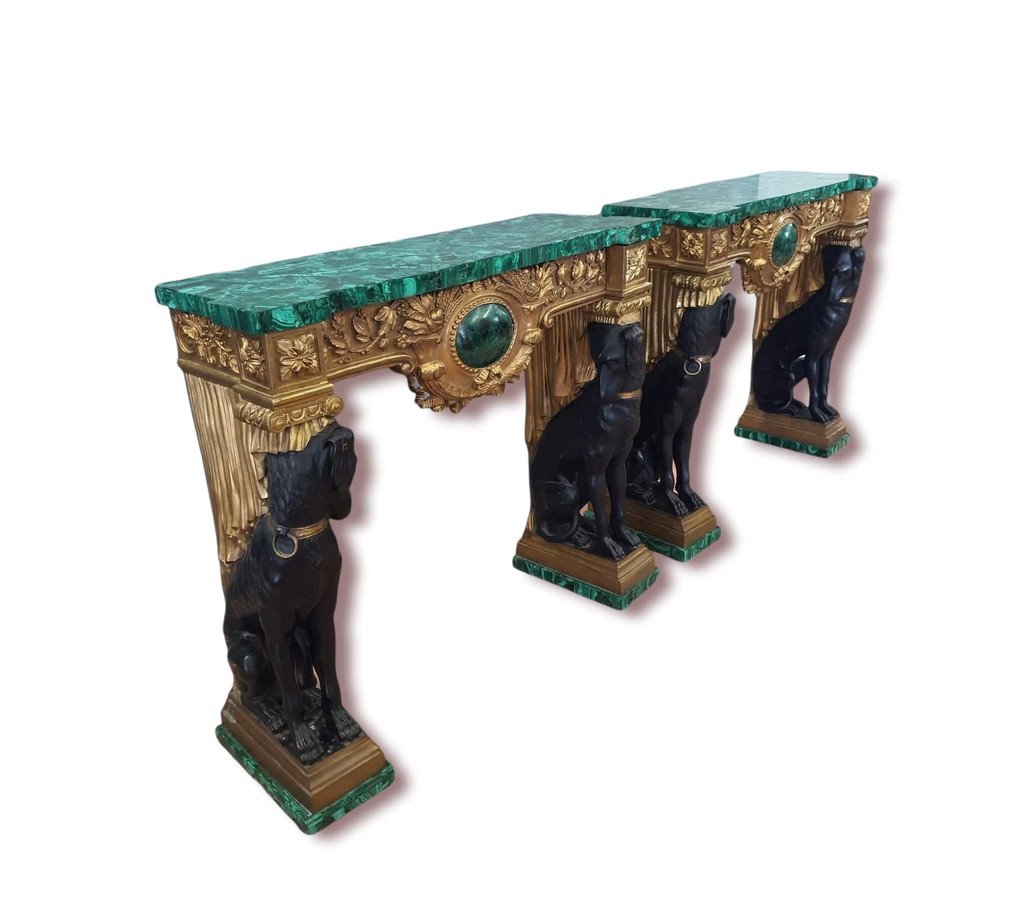 Pair of Empire Consoles, Patinated and Gilded Bronze, Flowered Malachite 12