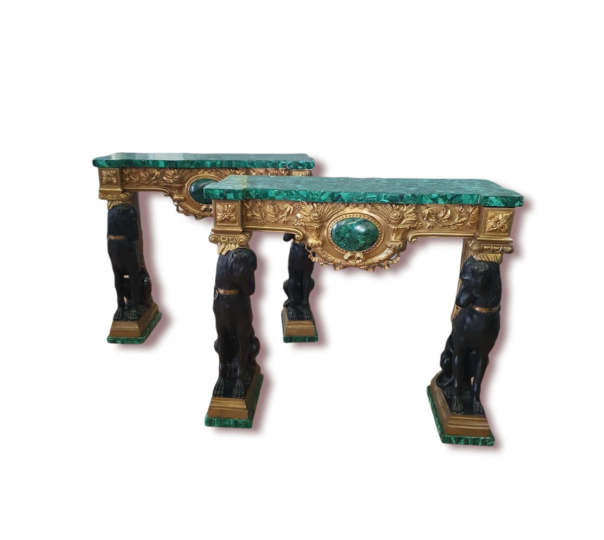 French Pair of Empire Consoles, Patinated and Gilded Bronze, Flowered Malachite
