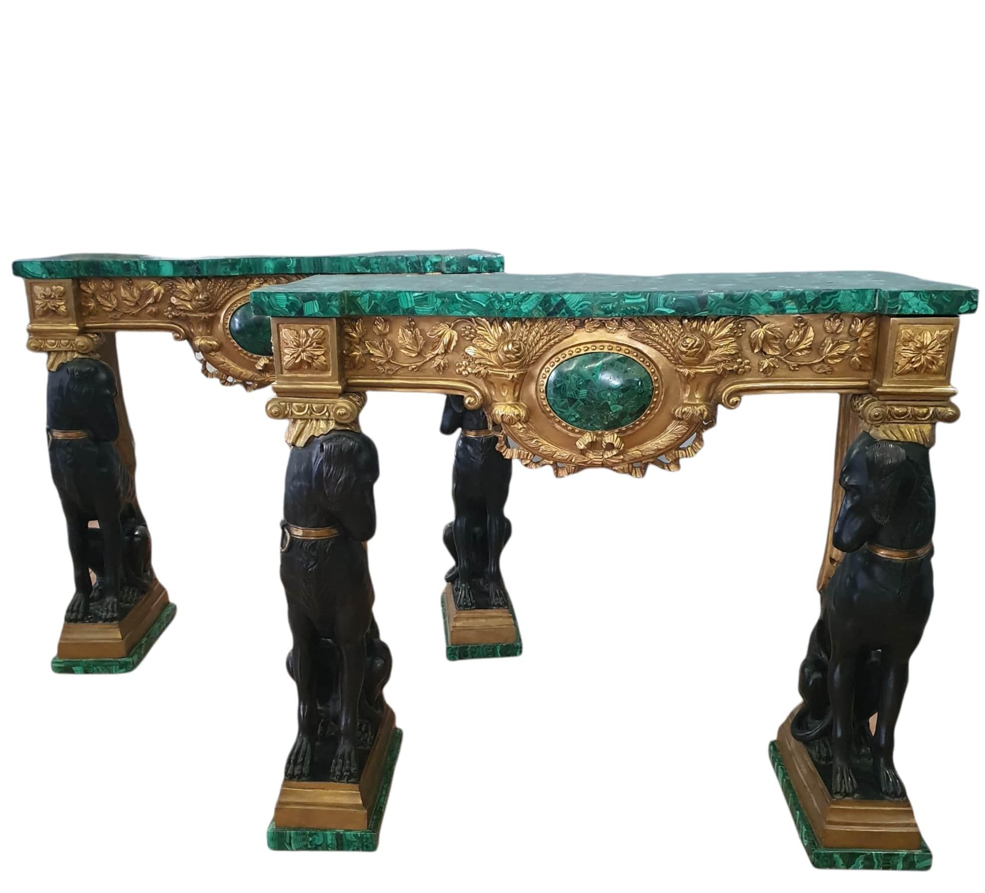 Gilt Pair of Empire Consoles, Patinated and Gilded Bronze, Flowered Malachite