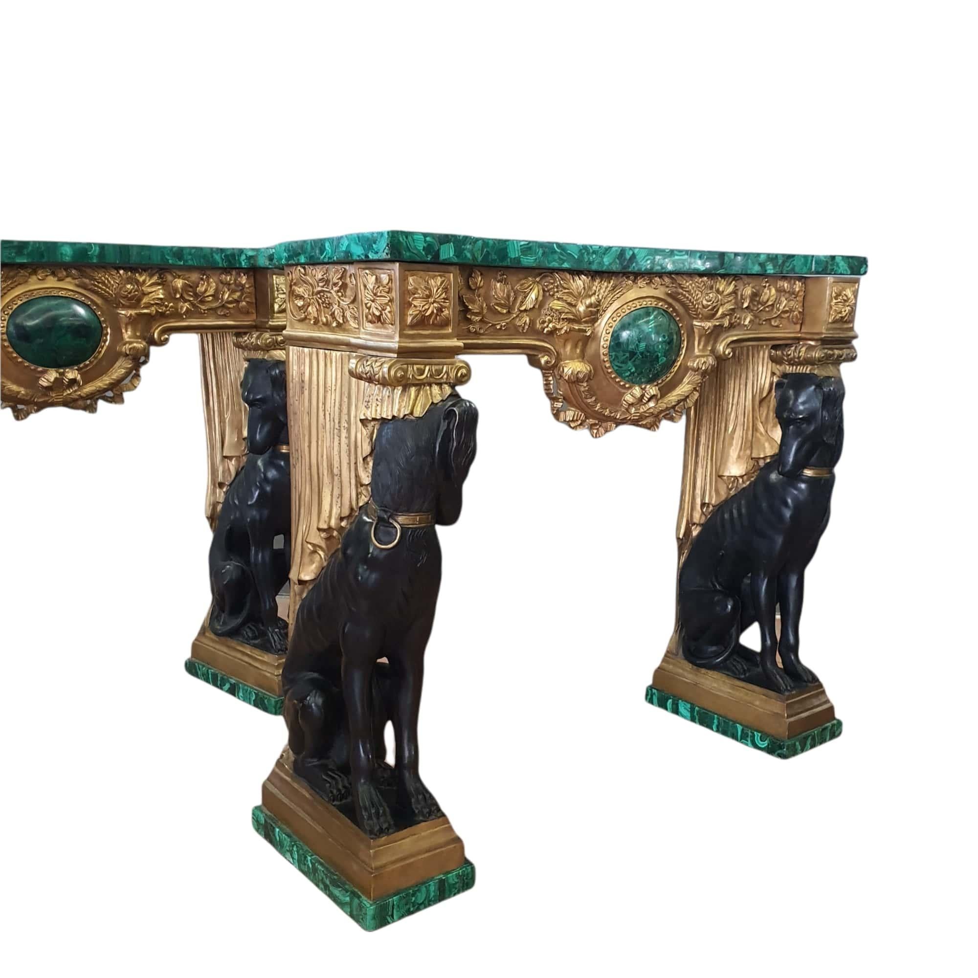 Pair of Empire Consoles, Patinated and Gilded Bronze, Flowered Malachite In Good Condition In PALERMO, IT
