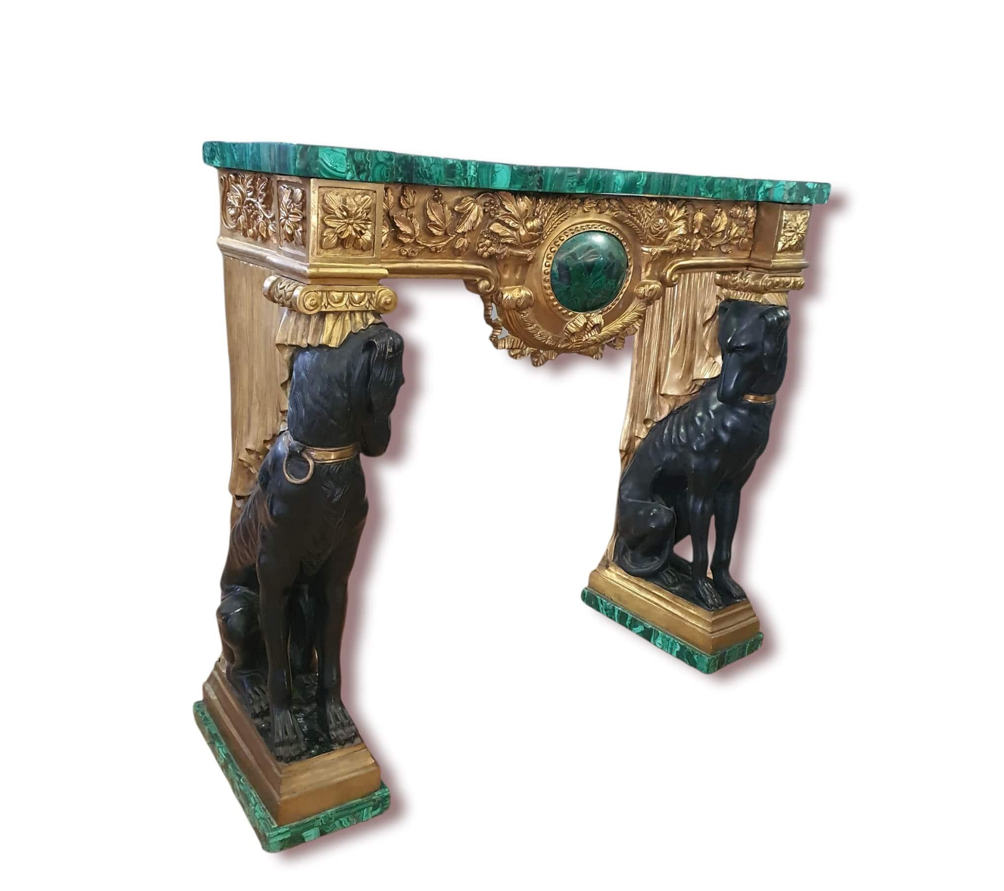 19th Century Pair of Empire Consoles, Patinated and Gilded Bronze, Flowered Malachite