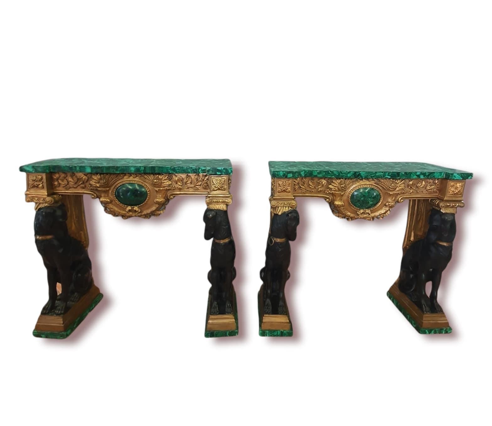 Pair of Empire Consoles, Patinated and Gilded Bronze, Flowered Malachite 1