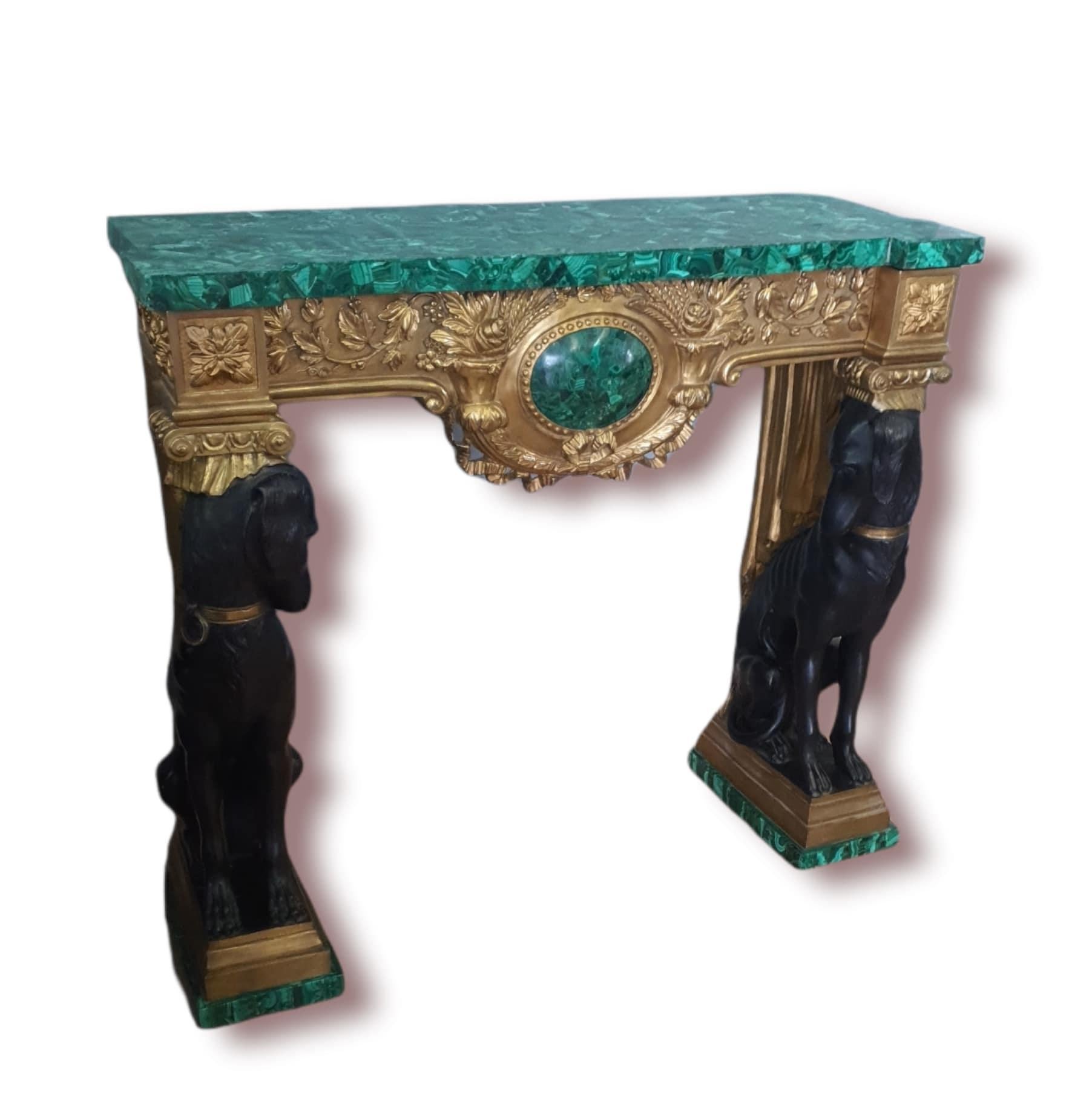 Pair of Empire Consoles, Patinated and Gilded Bronze, Flowered Malachite 2