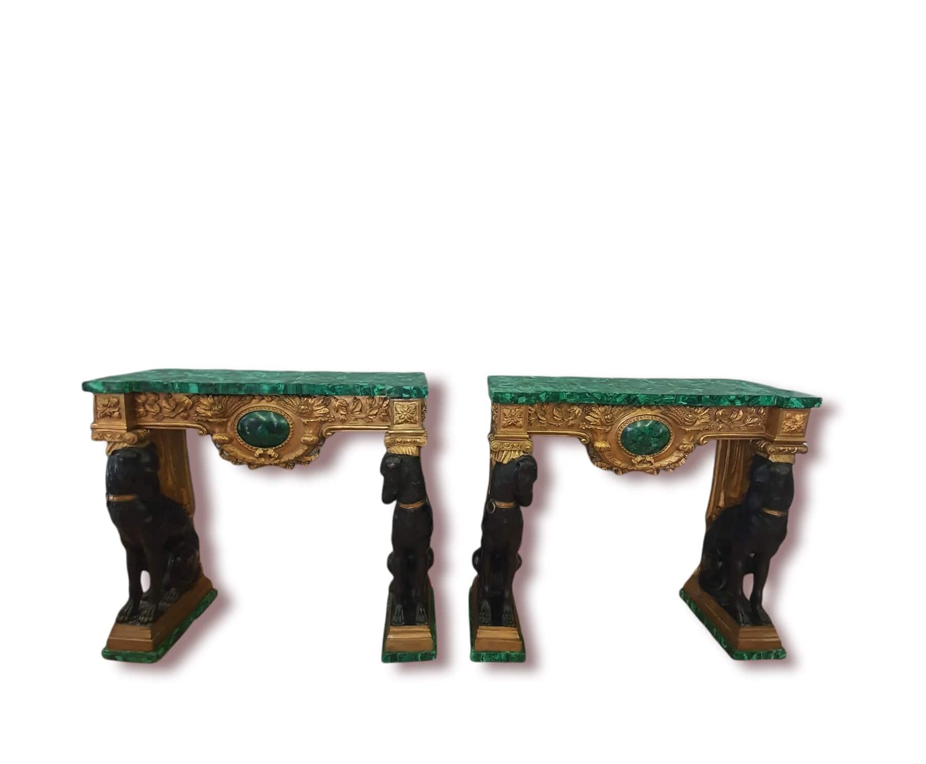 Pair of Empire Consoles, Patinated and Gilded Bronze, Flowered Malachite 3