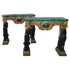 Pair of Empire Consoles, Patinated and Gilded Bronze, Flowered Malachite