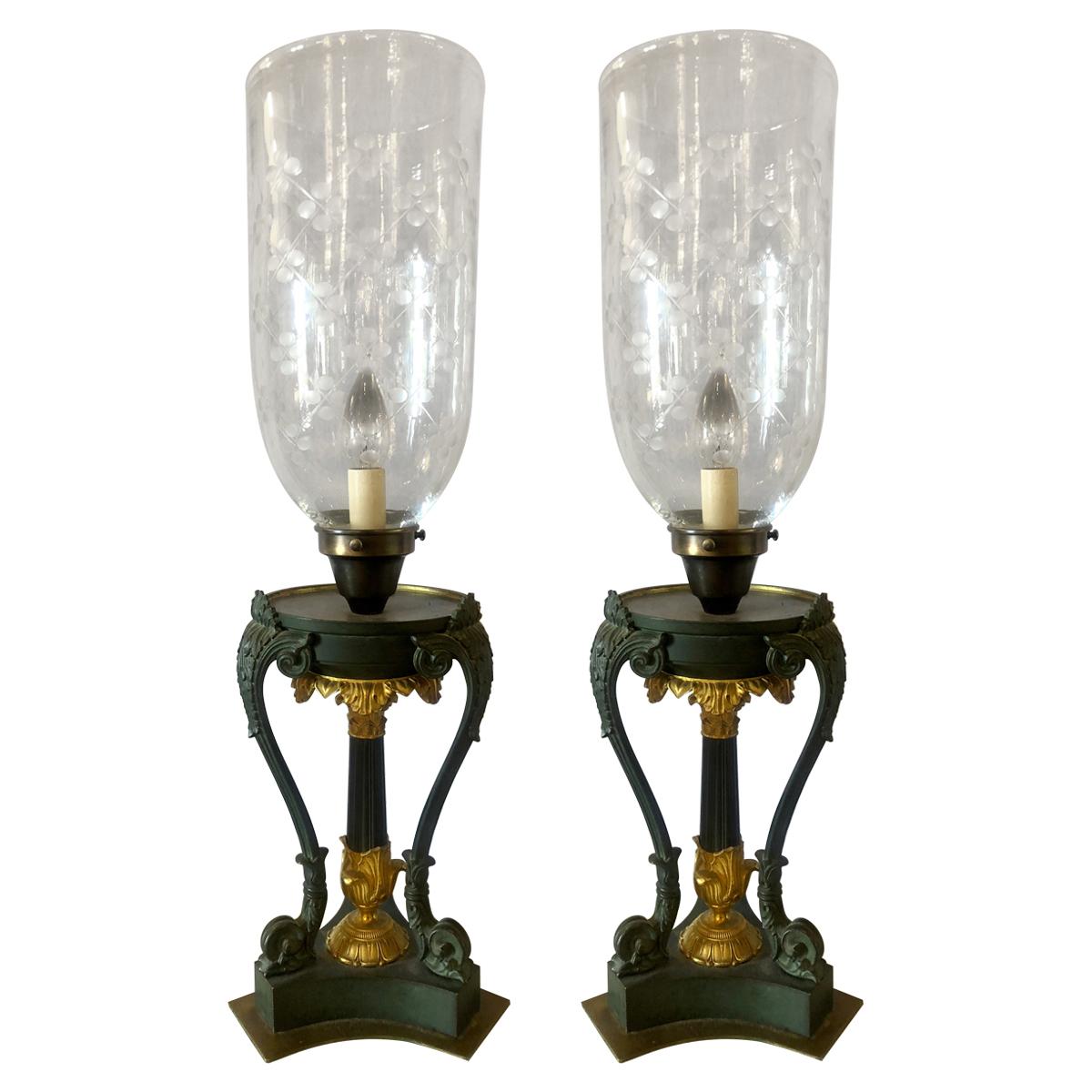 Pair of Empire Dore and Patinted Bronze Hurricanes, 19th Century