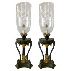 Vintage Pair of Empire Dore and Patinted Bronze Hurricanes, 19th Century