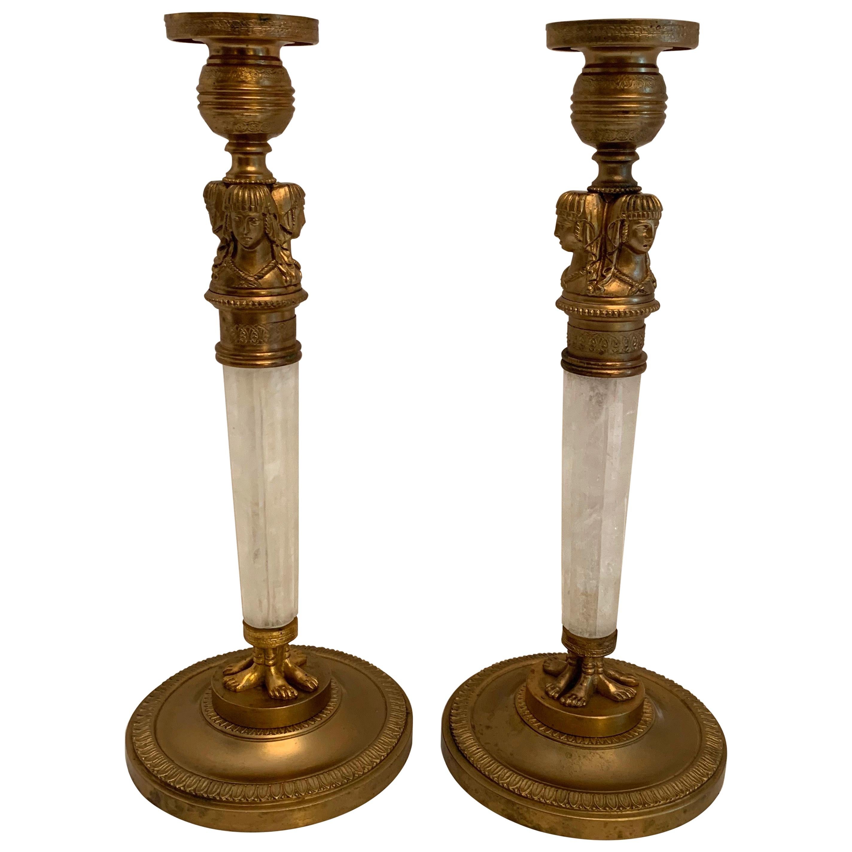 Pair of Empire Doré Bronze Rock Crystal Neoclassical Figure Candlesticks