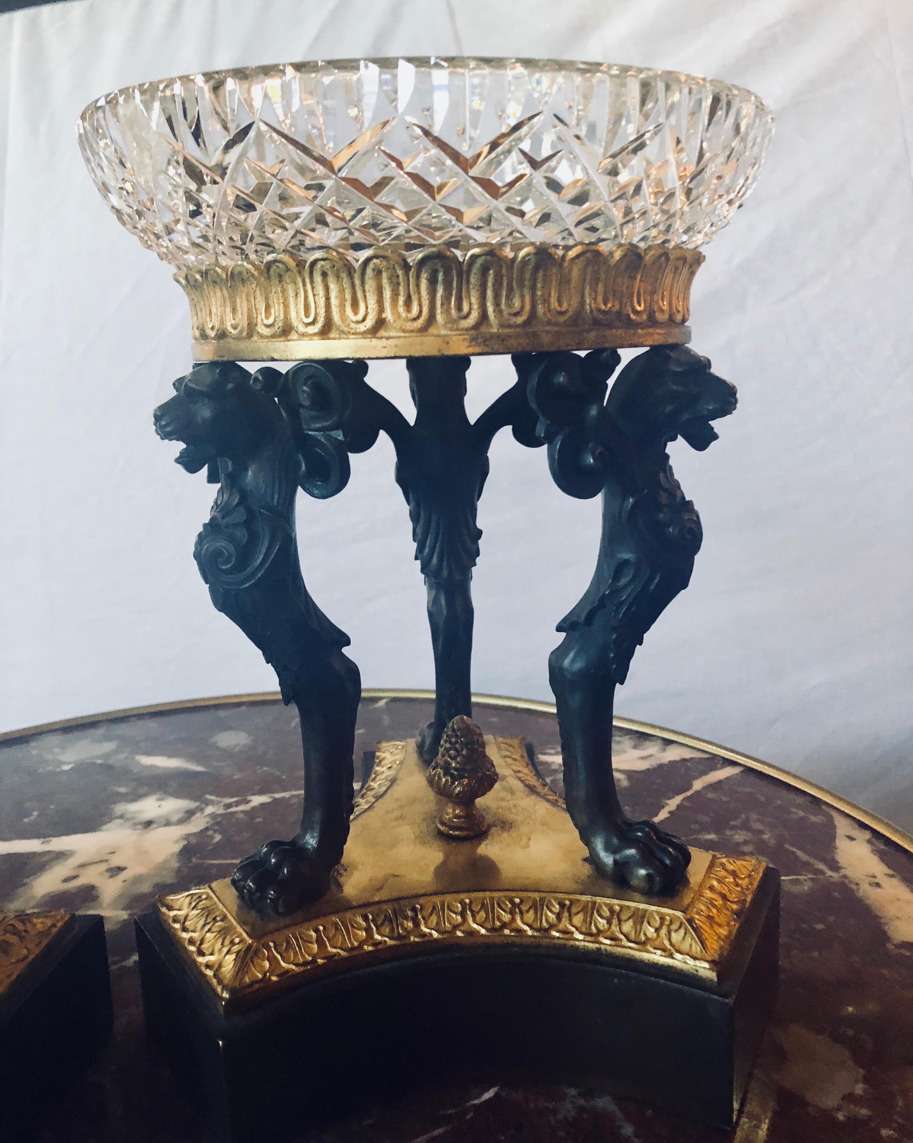 European Pair of Empire Figural Tazzas / Compotes Doré and Patinated with Cavan Crystal