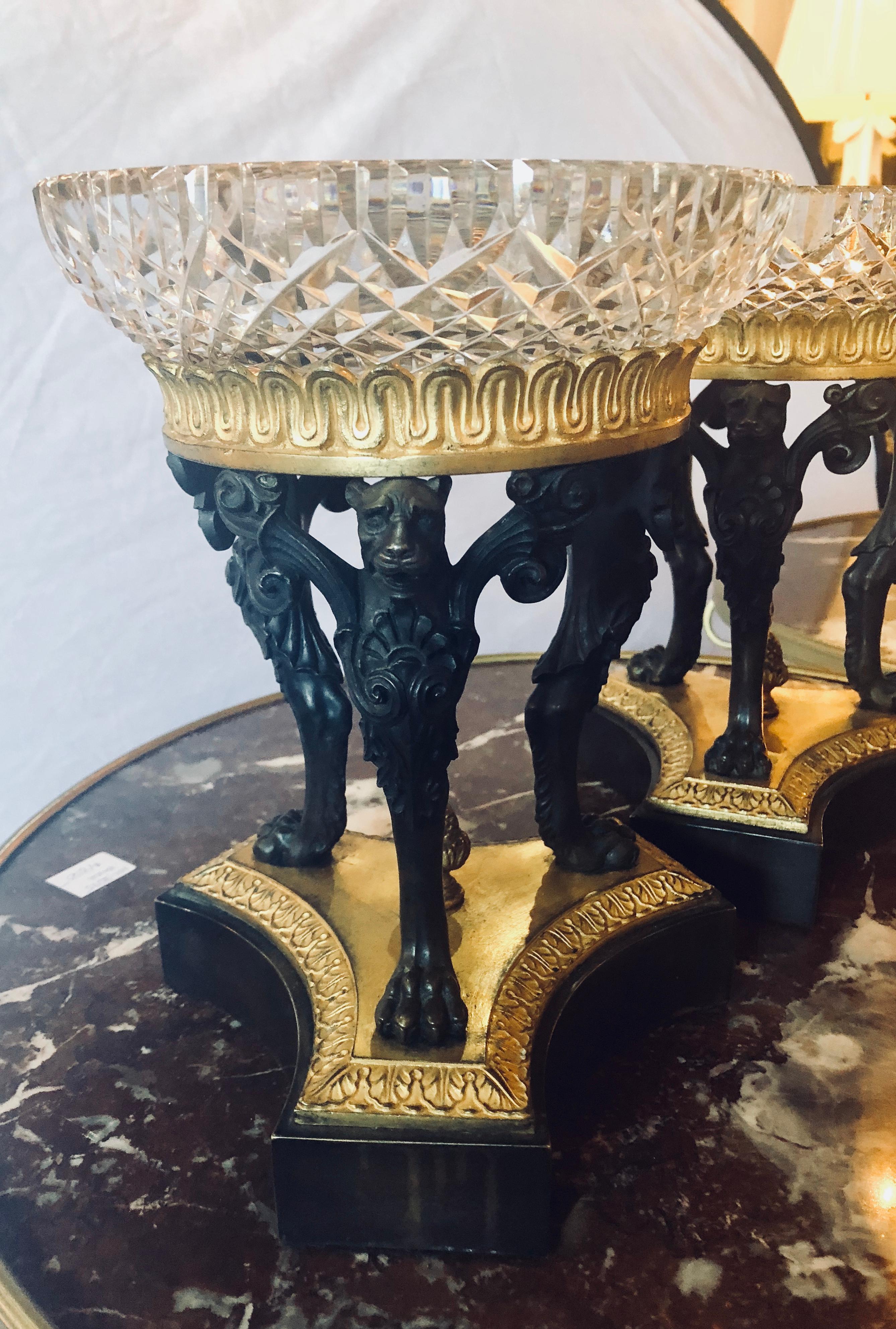 Pair of Empire Figural Tazzas / Compotes Doré and Patinated with Cavan Crystal In Good Condition In Stamford, CT