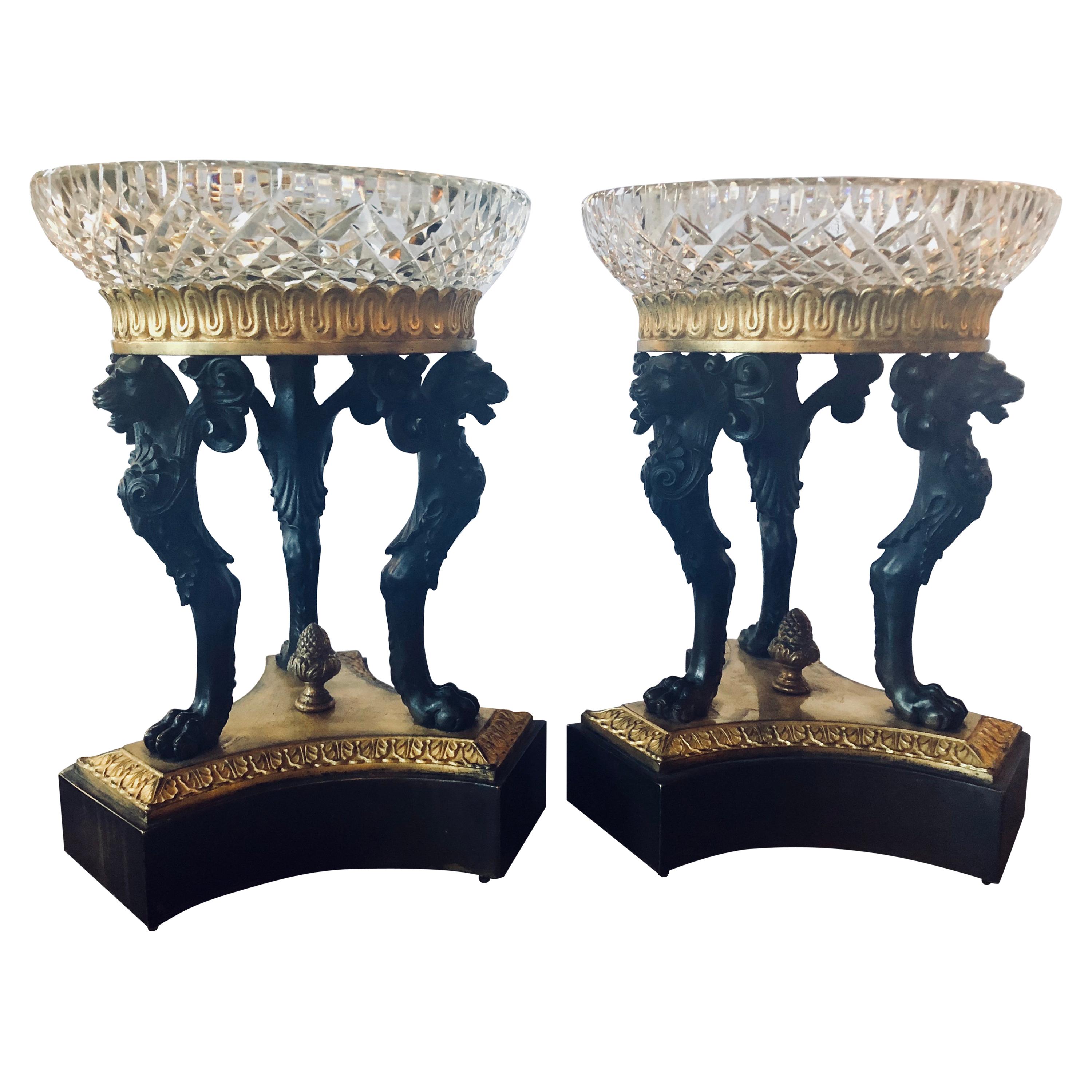 Pair of Empire Figural Tazzas / Compotes Doré and Patinated with Cavan Crystal