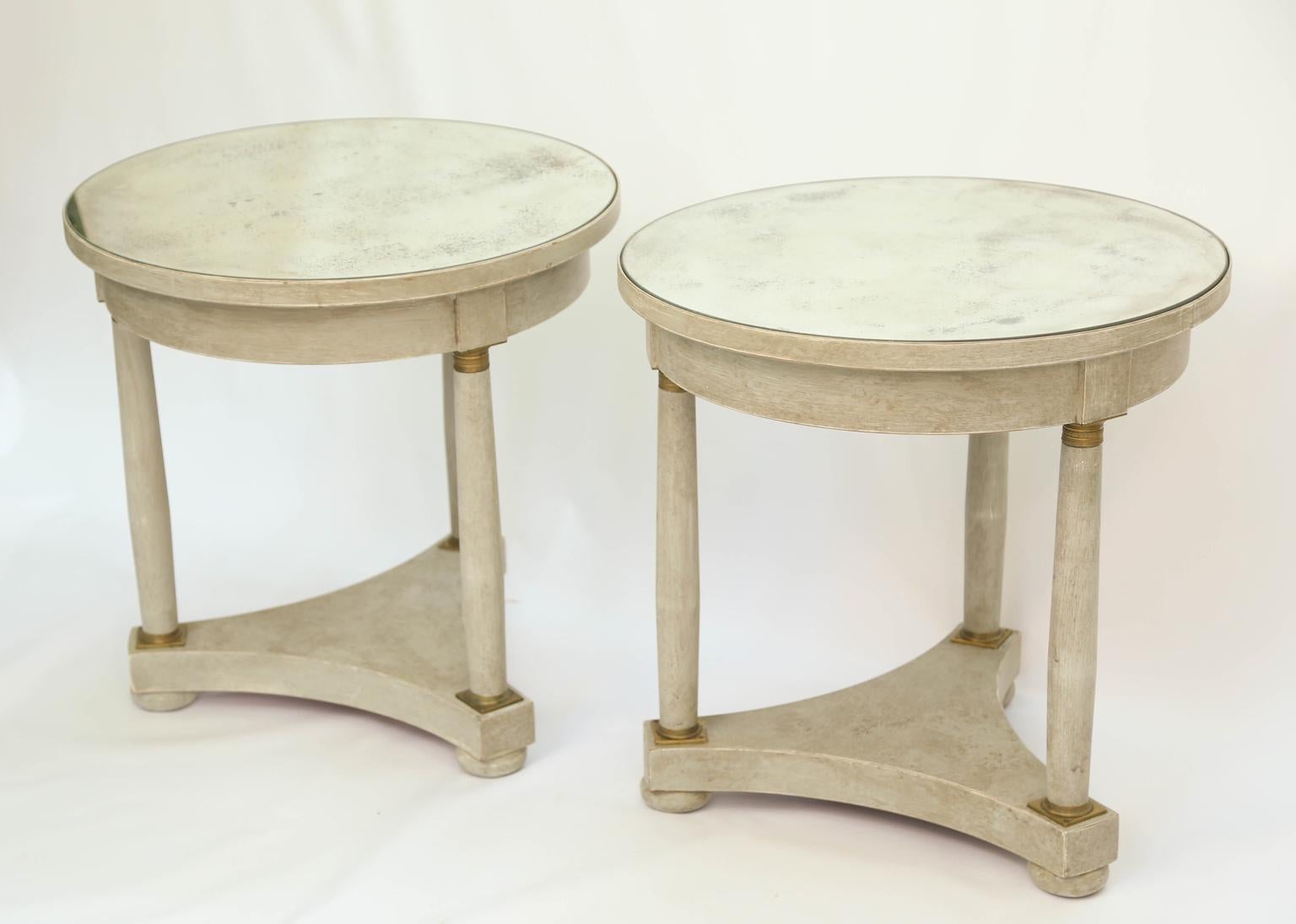 Brass Pair of Empire Form Painted End Tables with Mirrored Tops