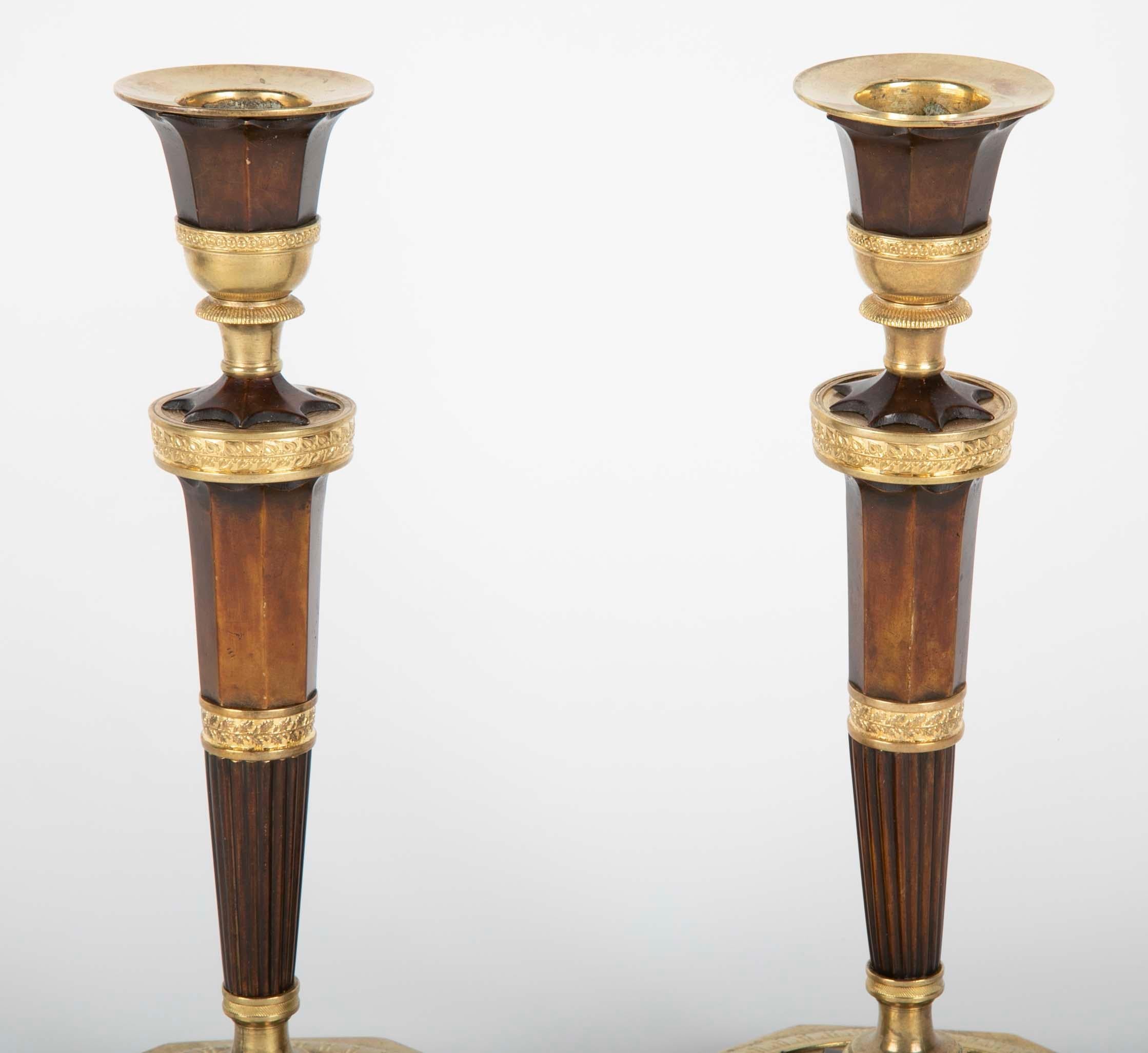 19th Century Pair of Empire French Bronze Candlesticks