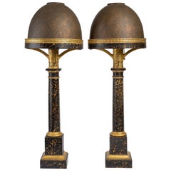 Pair of Empire Gilt and Faux Tortoiseshell Tole Oil Lamps