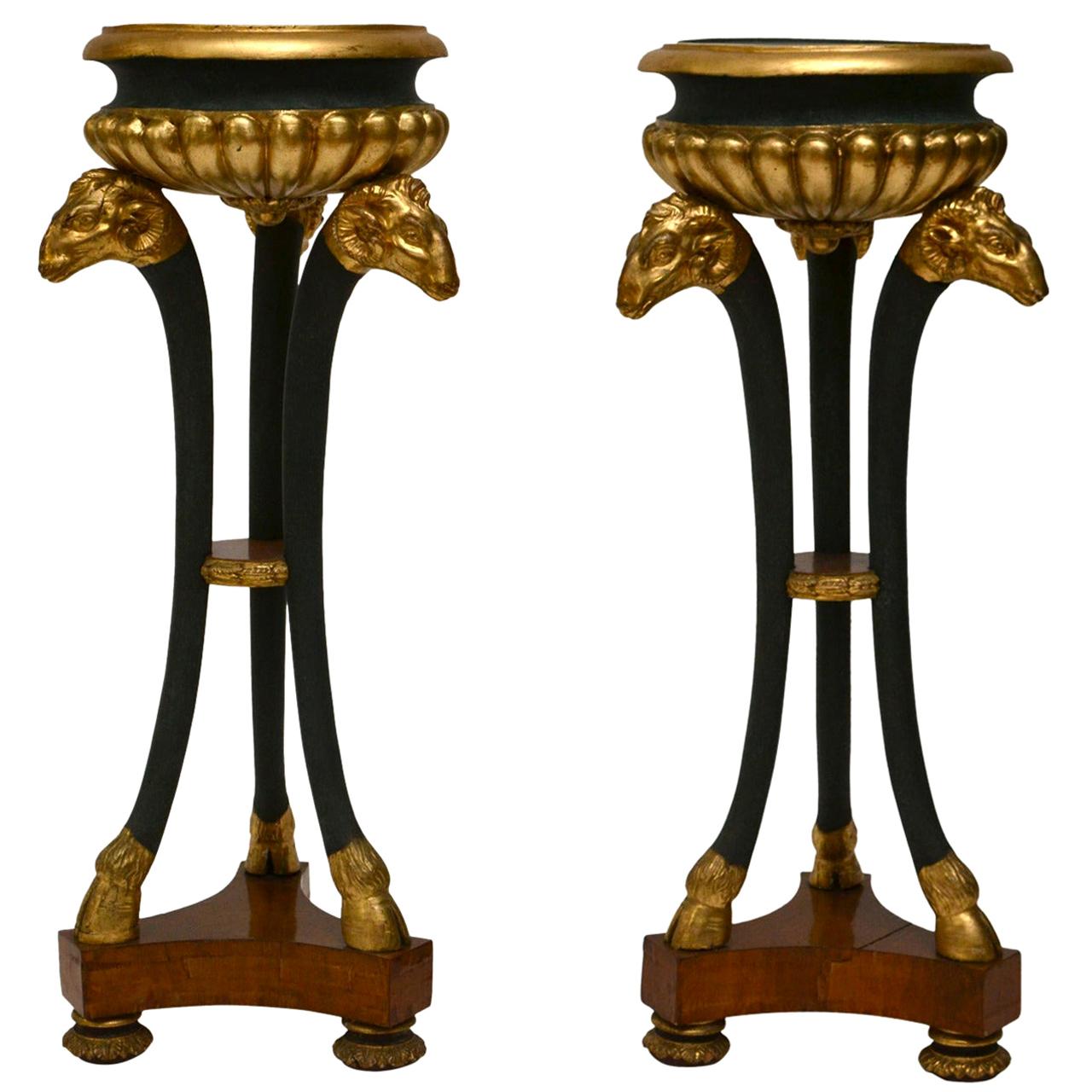 Pair of Empire Gilt and Patinated and Mahogany Veneered Wood Gueridons For Sale