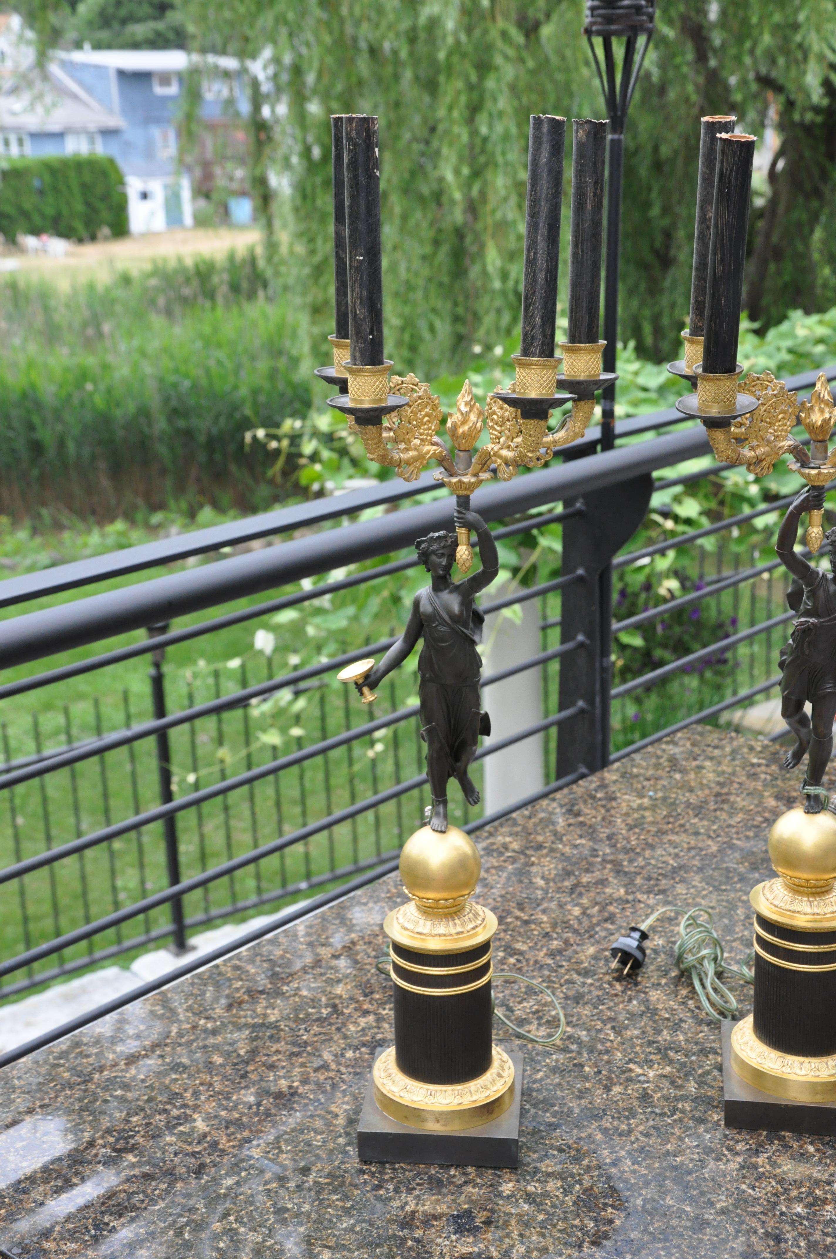 French Pair of Empire Gilt and Patinated Bronze Candelabra