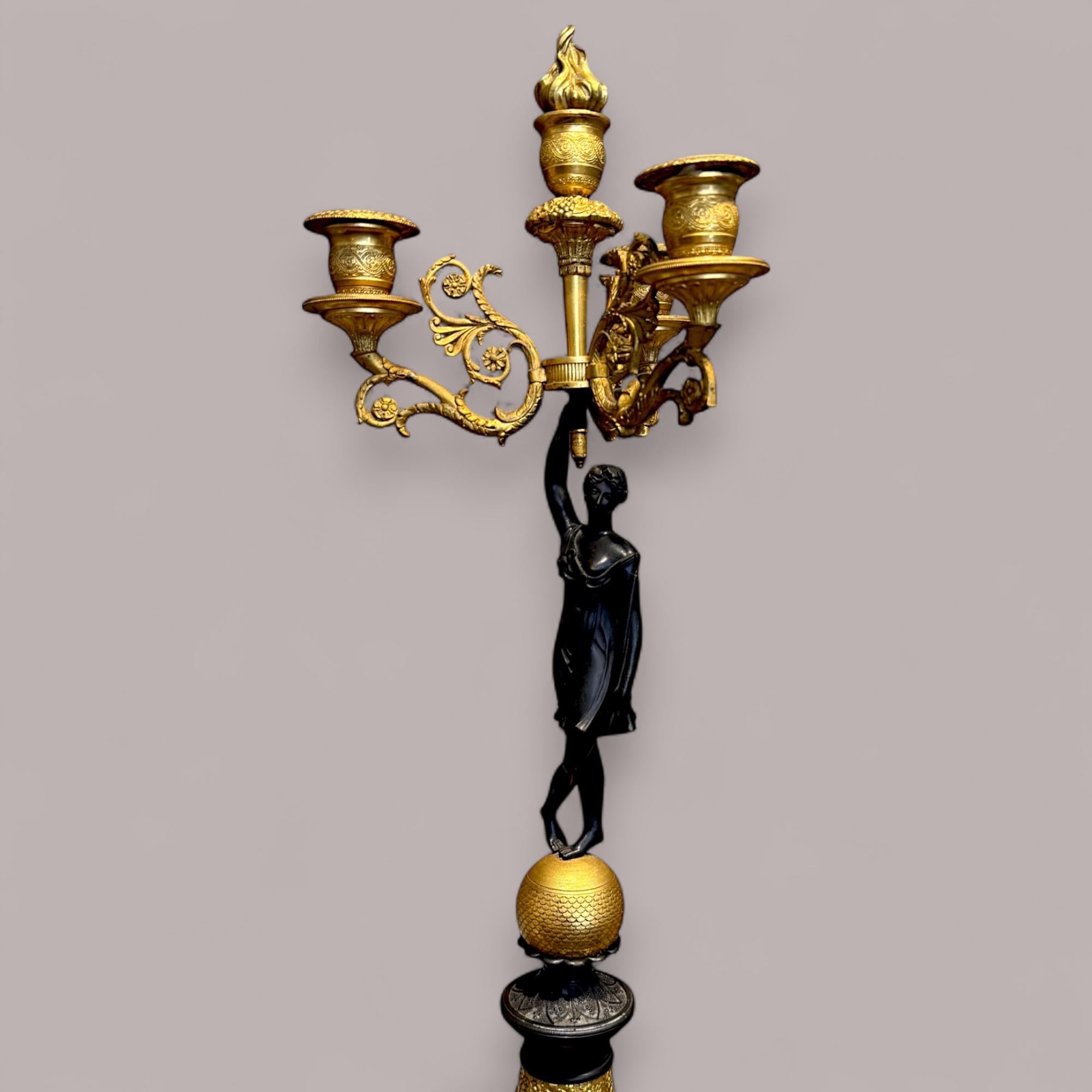 Pareja de candelabros imperio de bronce dorado y patinado, principios del siglo XIX en venta 5