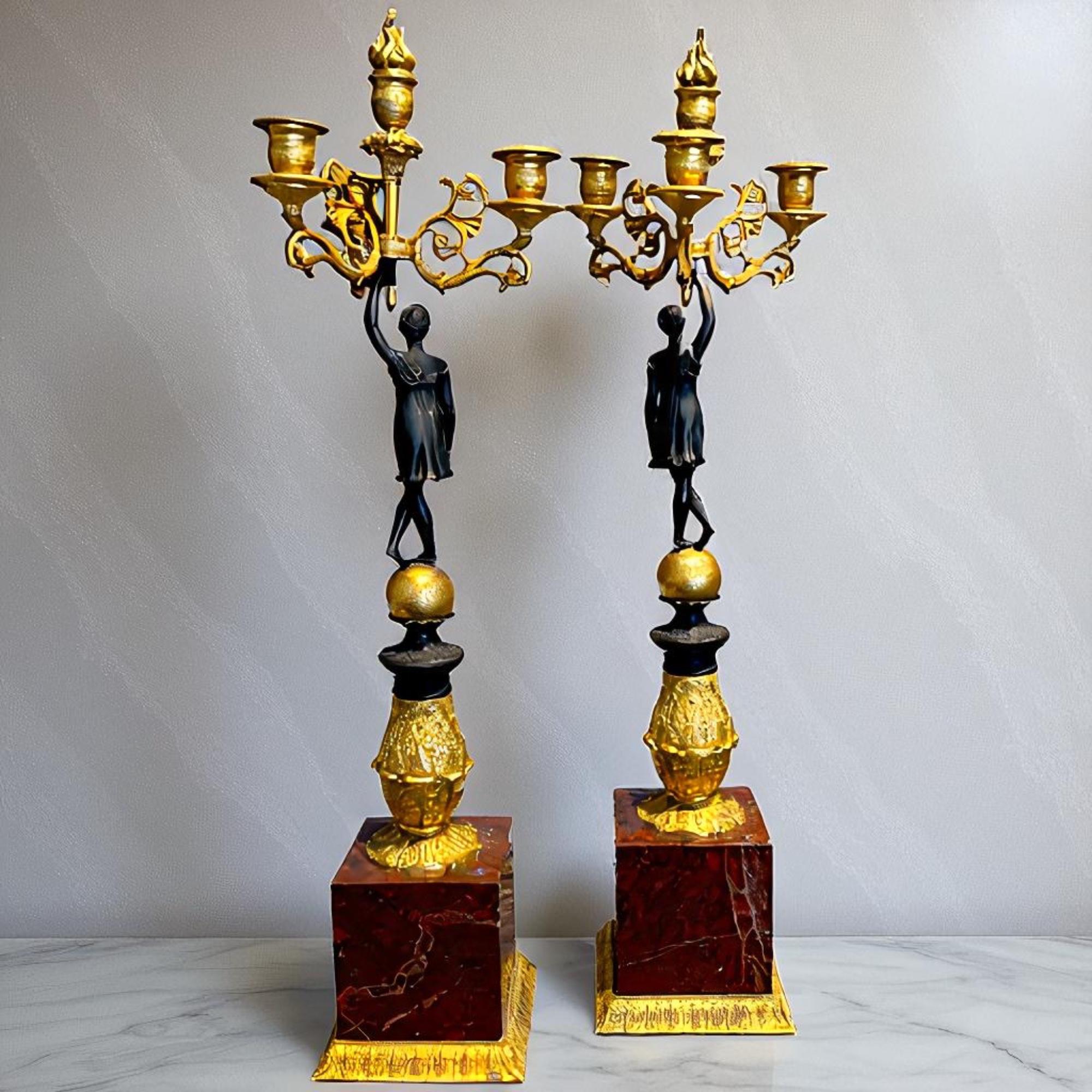 Pareja de candelabros imperio de bronce dorado y patinado, principios del siglo XIX Imperio en venta