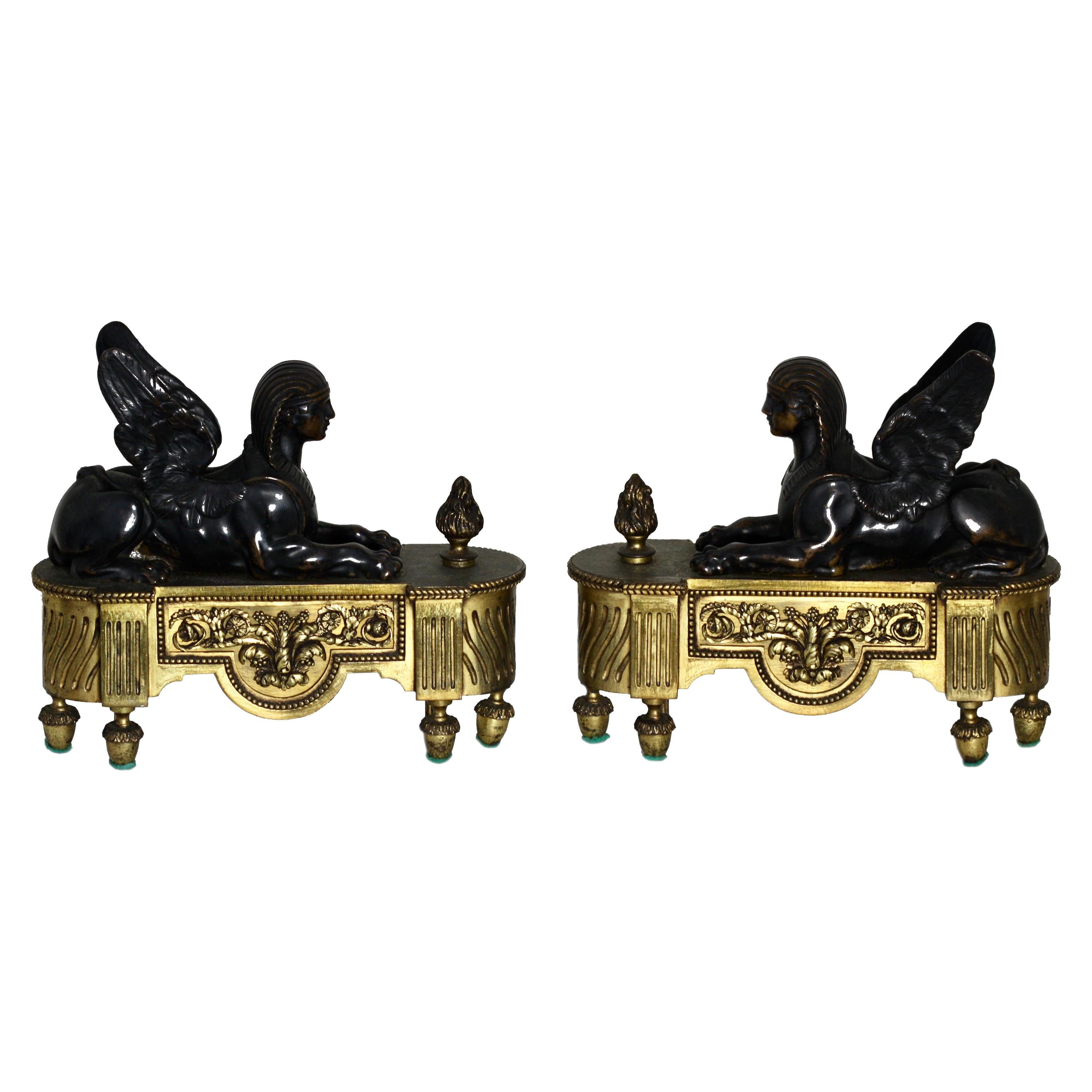 Pair of Empire Gilt and Patinated Bronze Chenets, French, 18th Century