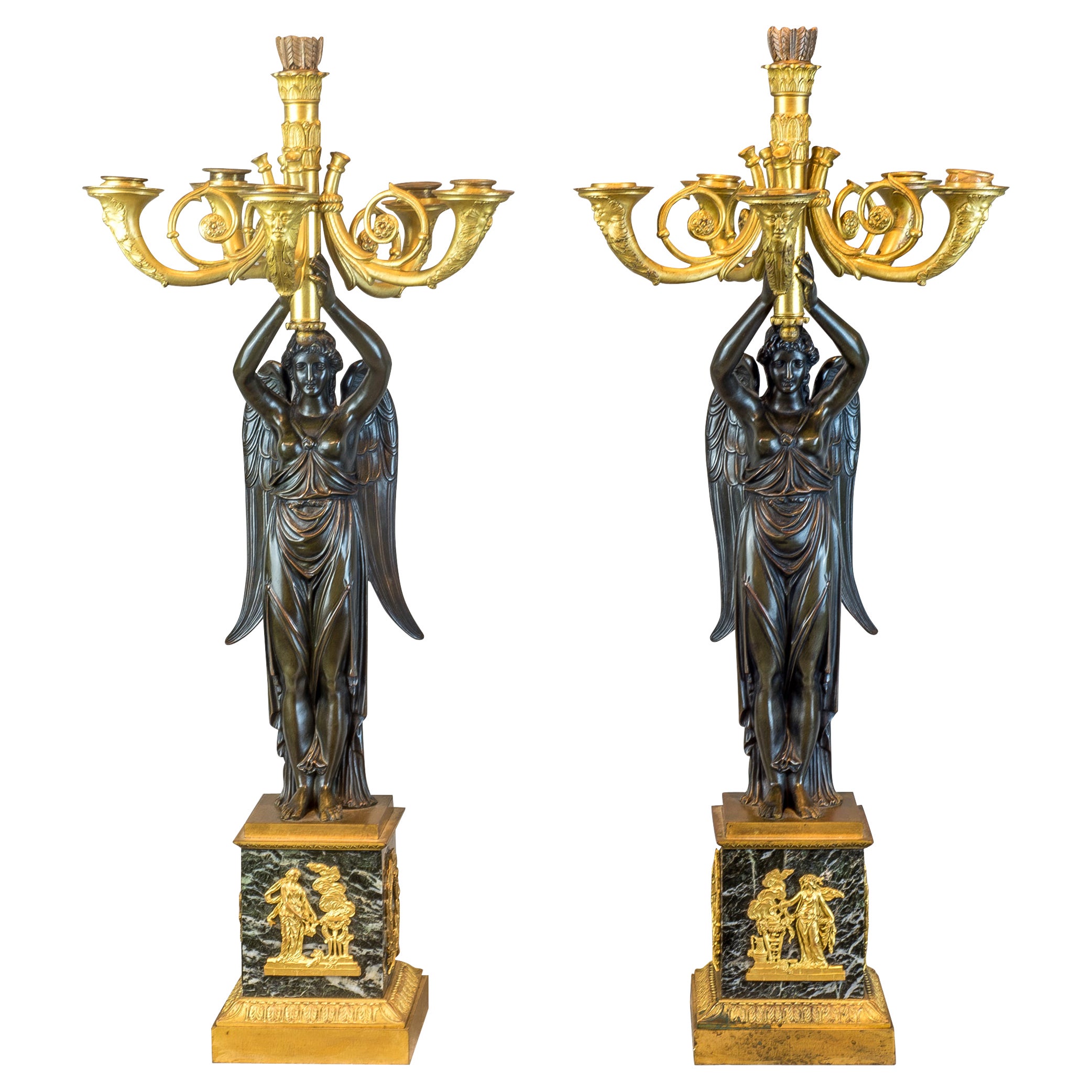 Pair of Empire Gilt and Patinated Bronze Six-Light Figural Candelabras