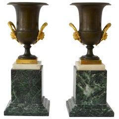 Pair of Empire Gilt and Patinated Bronze Urns on Marble Bases