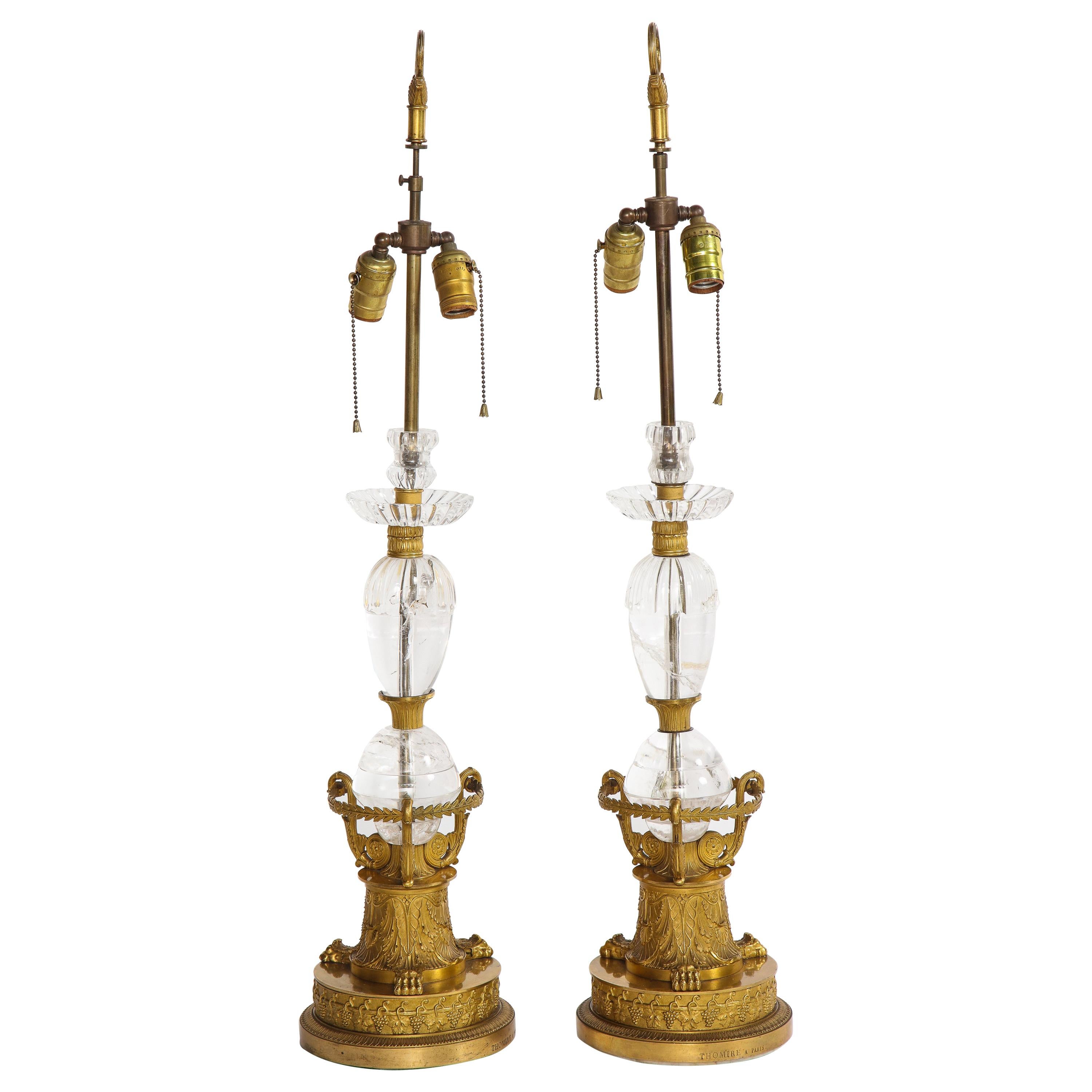 Paire de lampes de table Empire en bronze doré et cristal de roche par Thomire à Paris