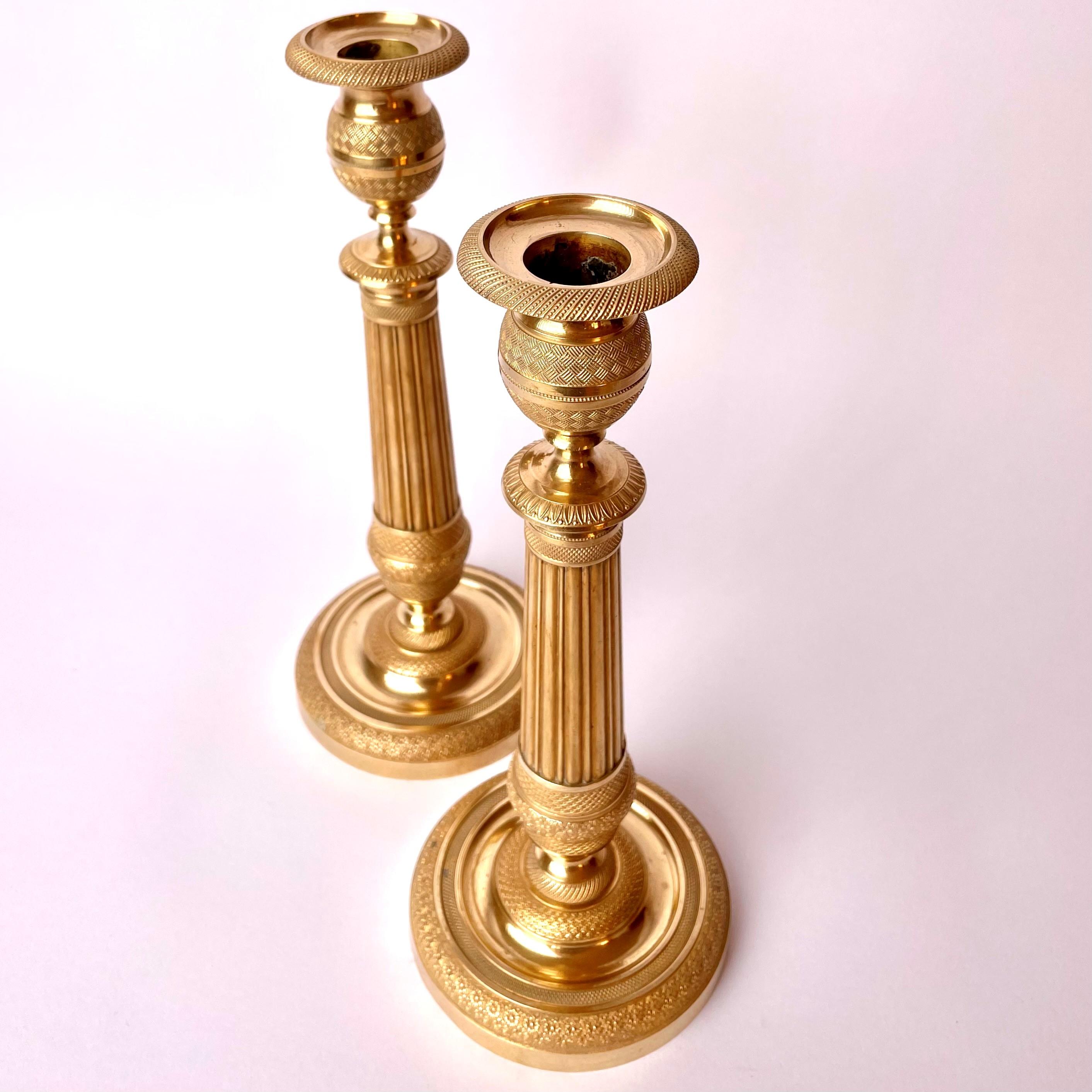 Pair of Empire Gilt Bronze Candle Sticks, French, Early 19th Century In Good Condition In Knivsta, SE