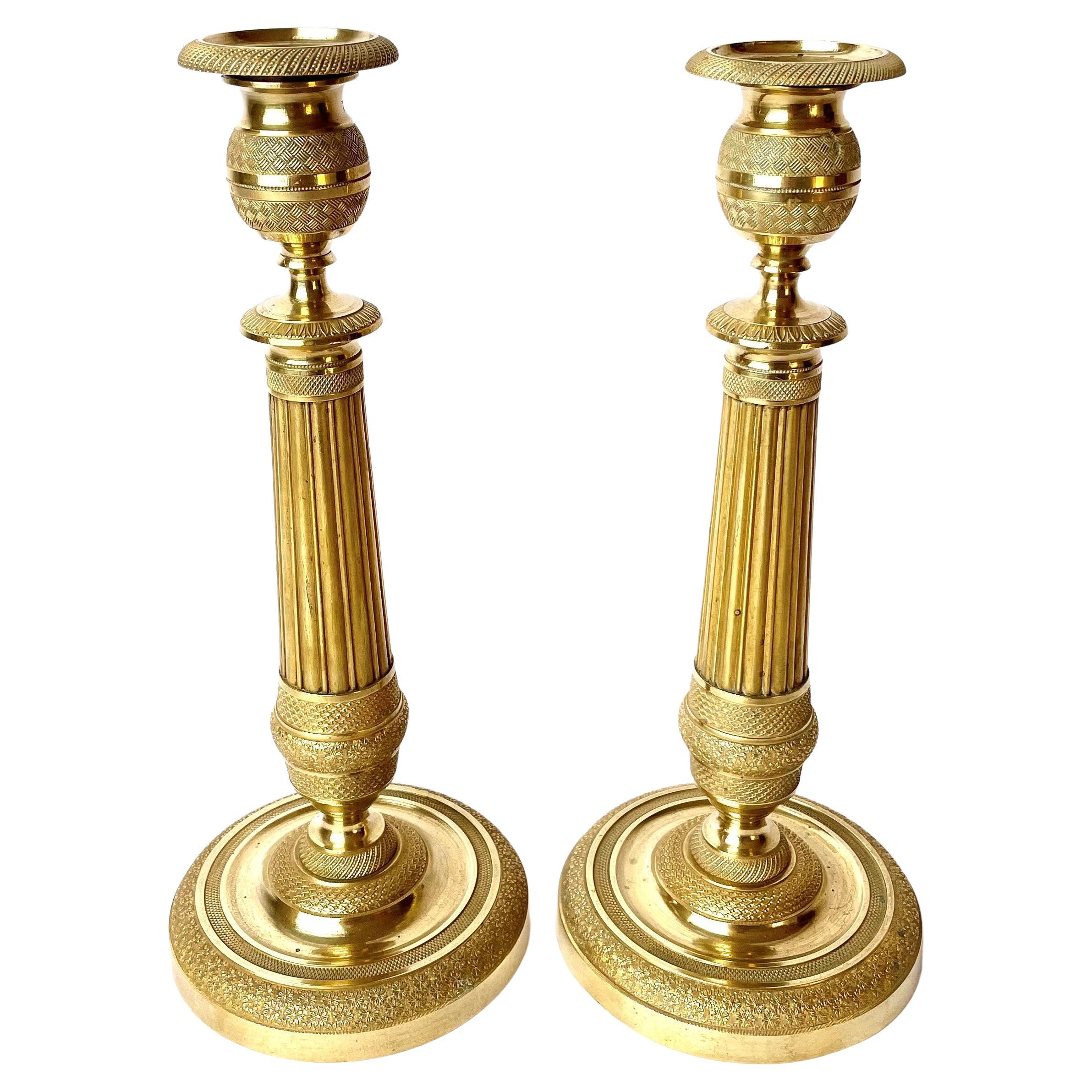 Pair of Empire Gilt Bronze Candle Sticks, French, Early 19th Century