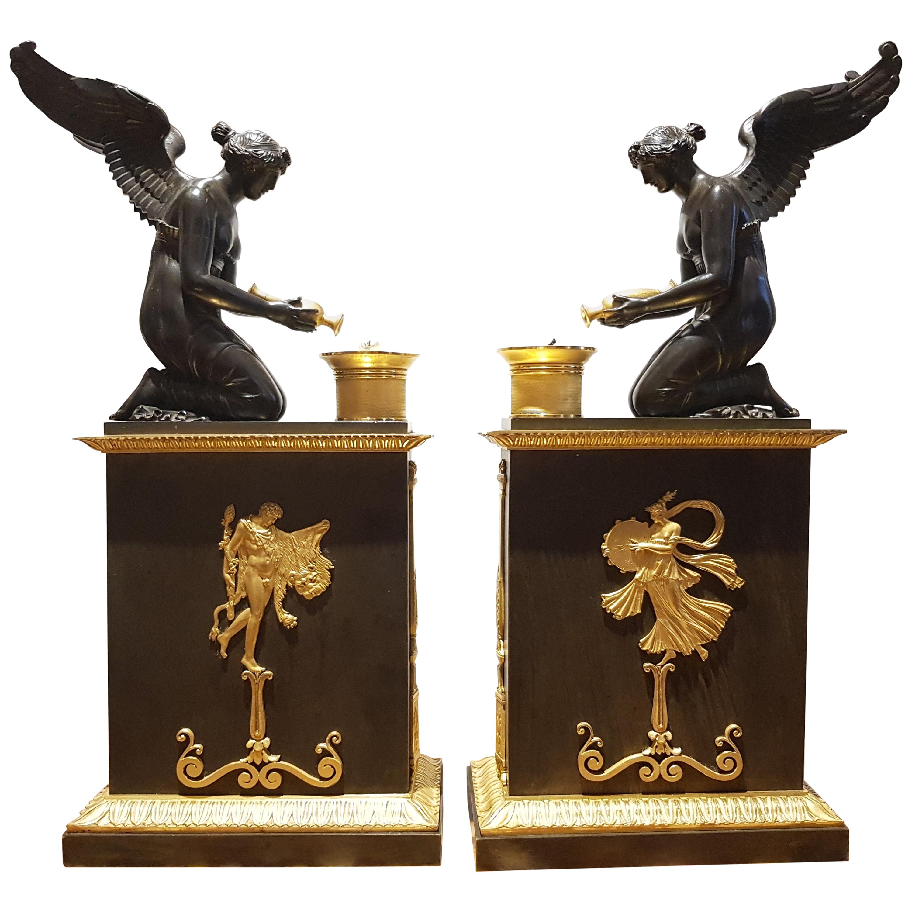 Pair of Empire Giltbronze Oil Lamps Attributed to Claude Galle For Sale