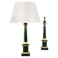 Pair of Empire Green and Gold Painted Column Lamps