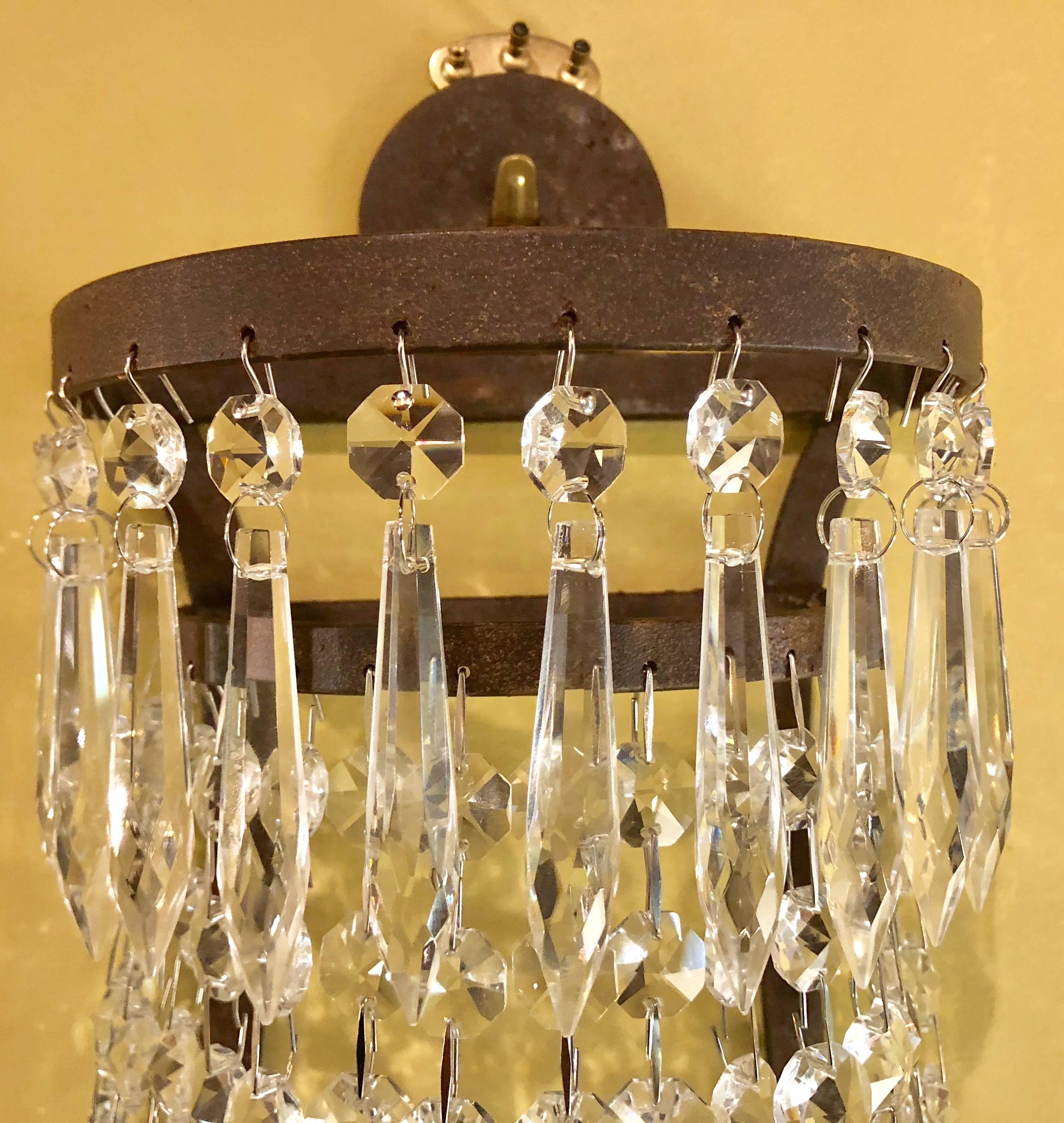 Timothy Outlton, Empire Style, Wall Sconces, Steel, Crystal, 1990s In Good Condition For Sale In Stamford, CT