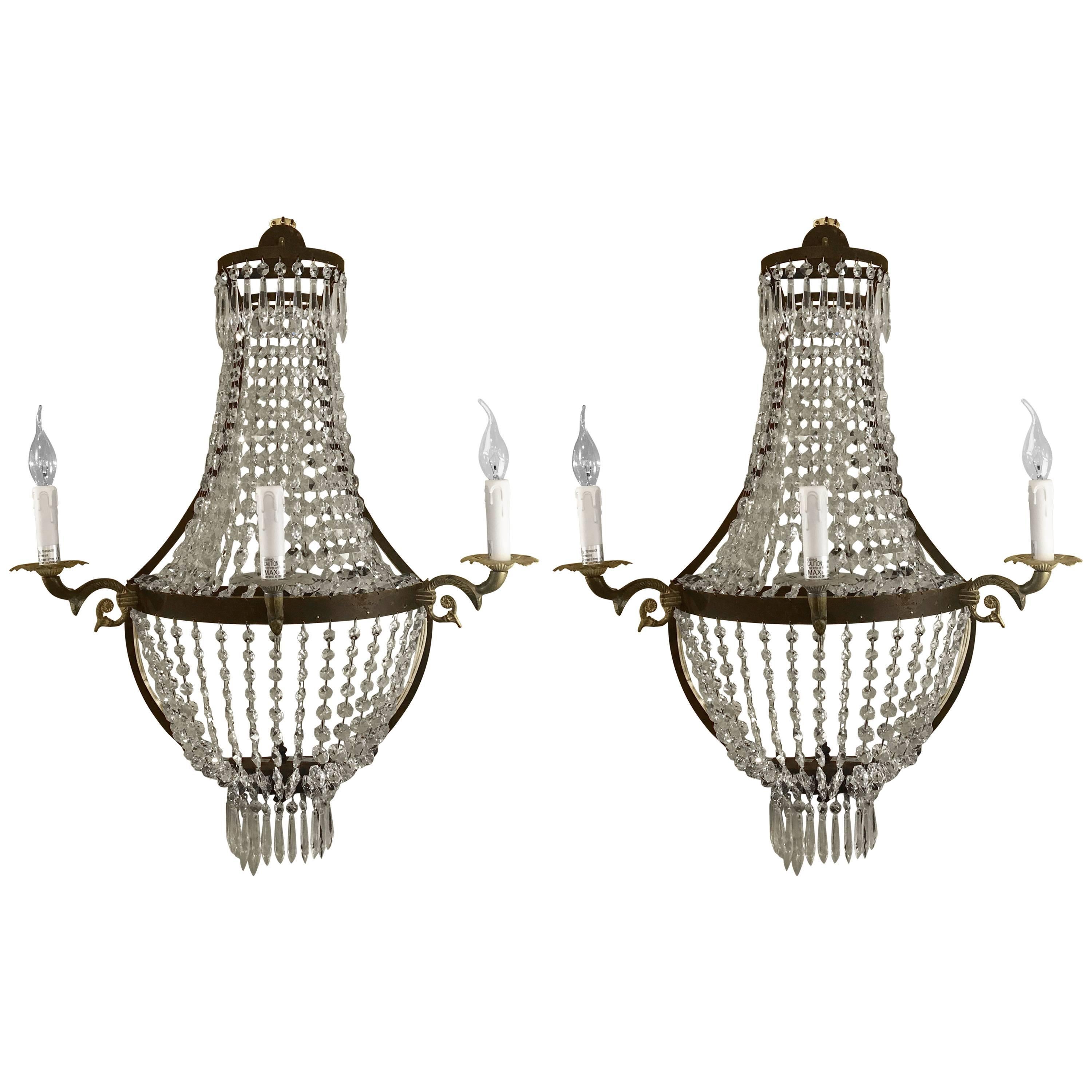 Timothy Outlton, Empire Style, Wall Sconces, Steel, Crystal, 1990s For Sale