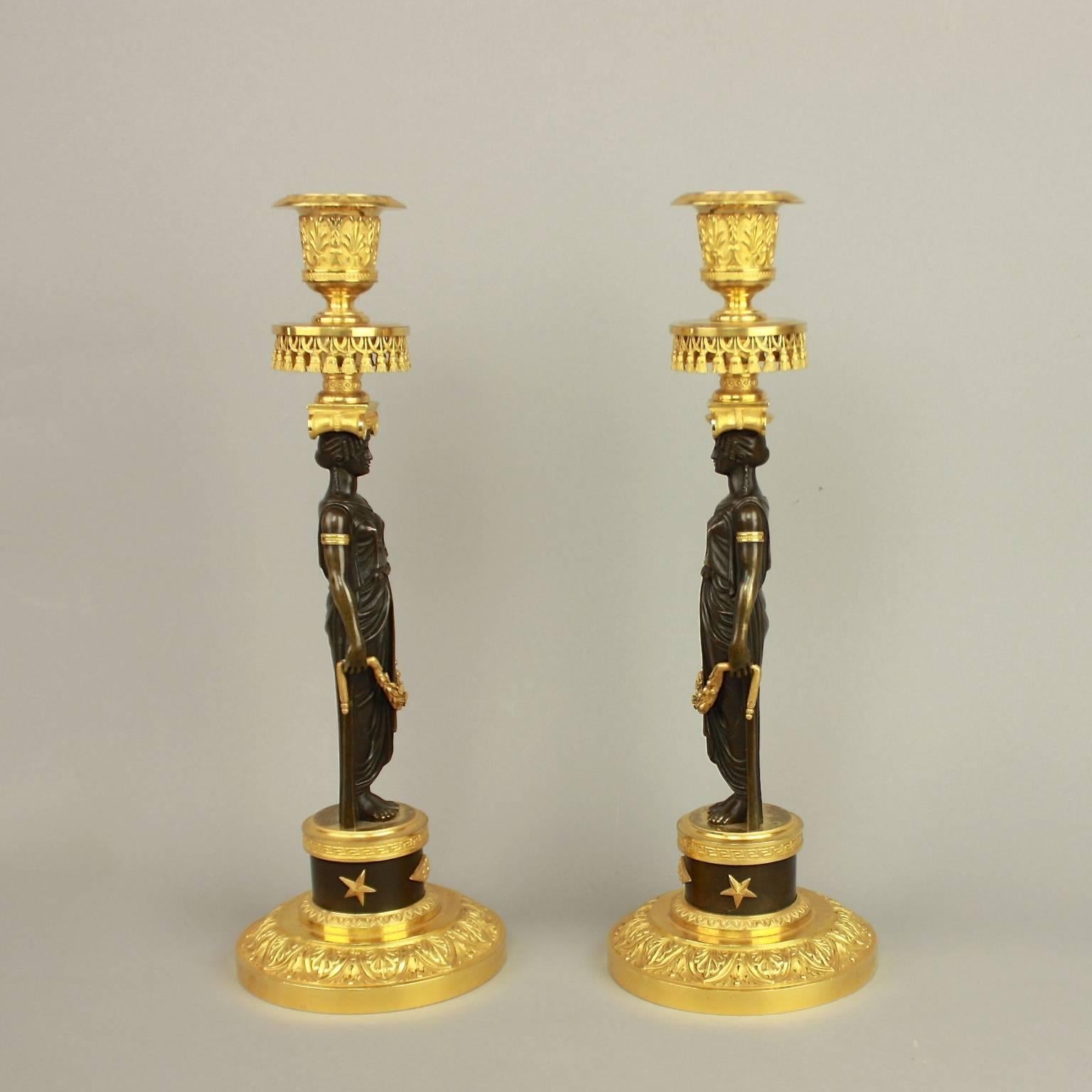 French Pair of Empire Ormolu and Patinated Bronze Candlestick in the Manner of C.Galle
