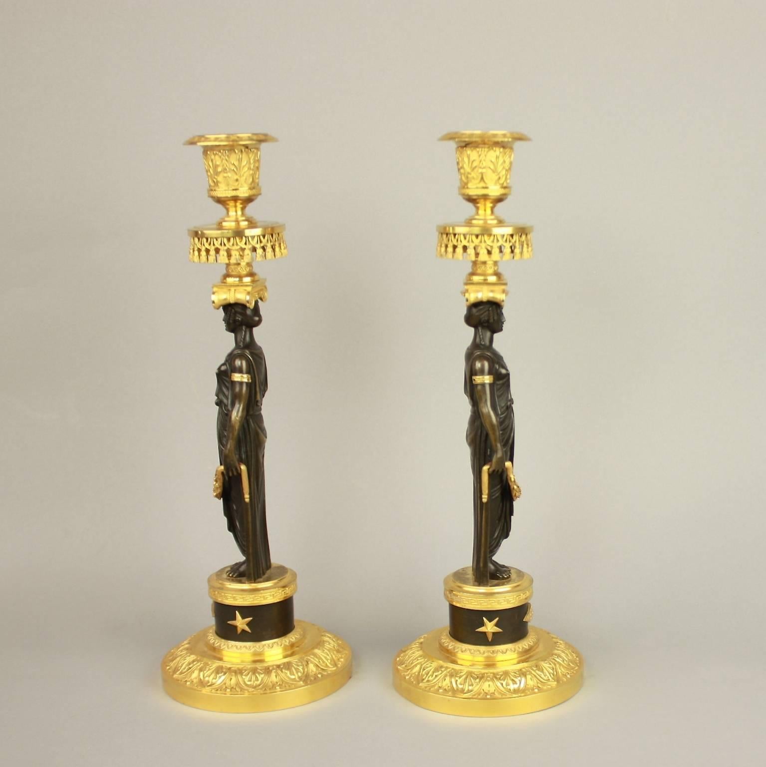 Pair of Empire Ormolu and Patinated Bronze Candlestick in the Manner of C.Galle In Good Condition In Berlin, DE