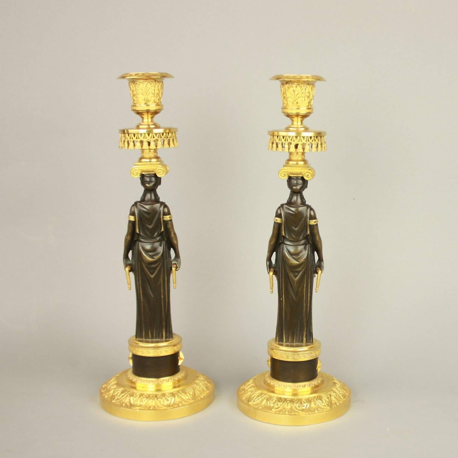 Early 19th Century Pair of Empire Ormolu and Patinated Bronze Candlestick in the Manner of C.Galle