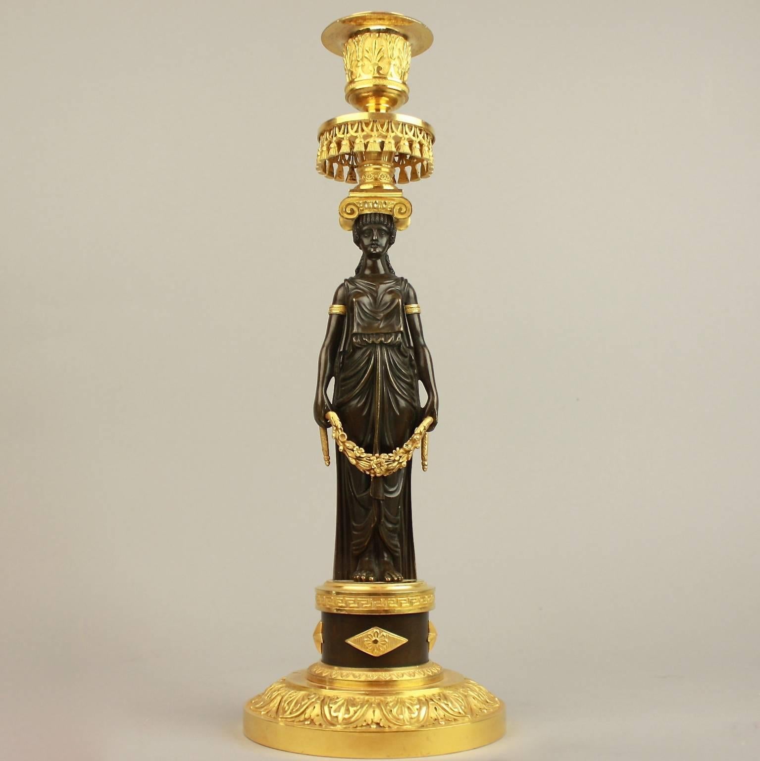 Pair of Empire Ormolu and Patinated Bronze Candlestick in the Manner of C.Galle 1