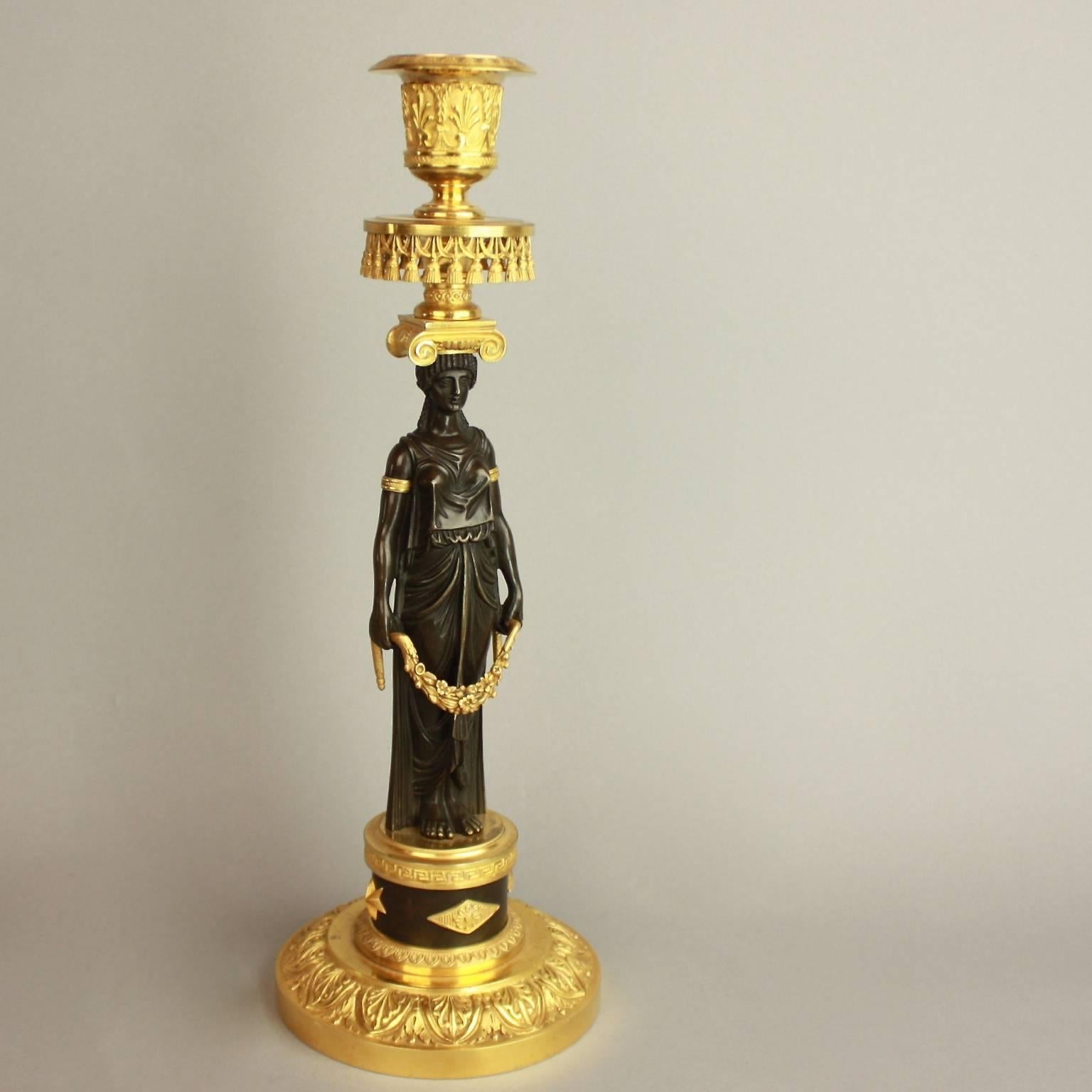 Pair of Empire Ormolu and Patinated Bronze Candlestick in the Manner of C.Galle 2