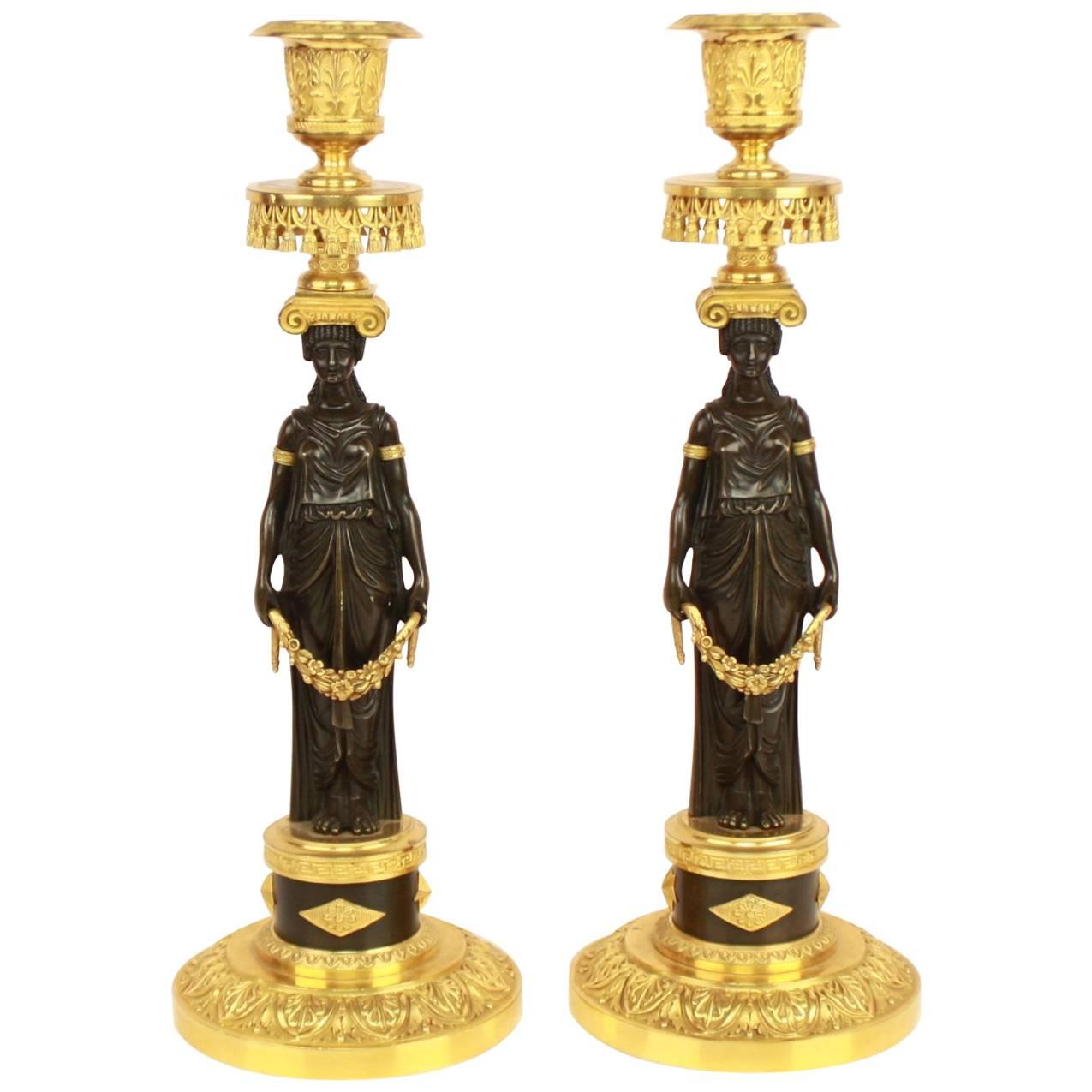 Pair of Empire Ormolu and Patinated Bronze Candlestick in the Manner of C.Galle