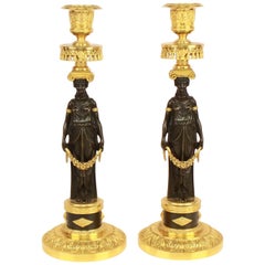 Antique Pair of Empire Ormolu and Patinated Bronze Candlestick in the Manner of C.Galle