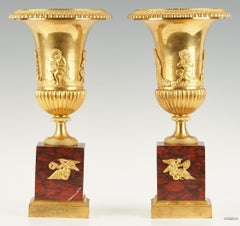 Pair of Empire Ormolu Bronze and Rouge Marble Campana Vases